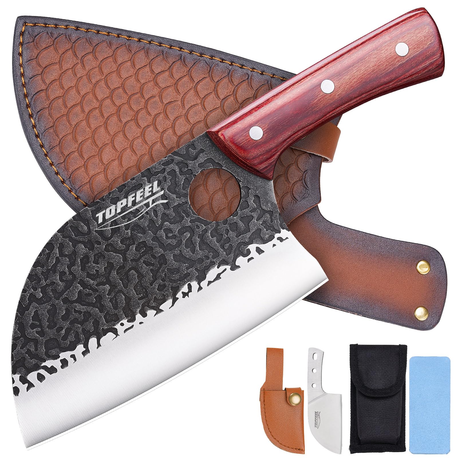 Topfeel Serbian chef knife front view showing balanced blade and bundle convenience
