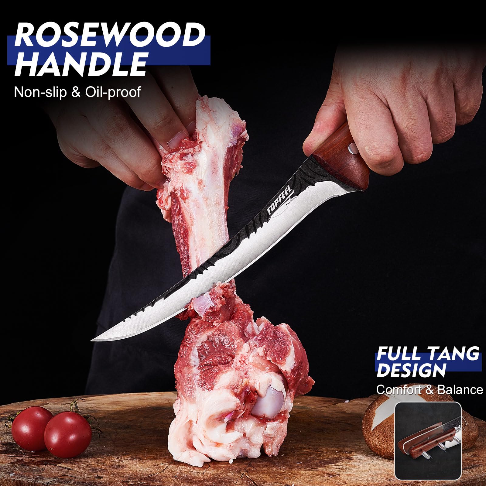 Topfeel size comparison lineup showing five different blades for versatile kitchen tasks
