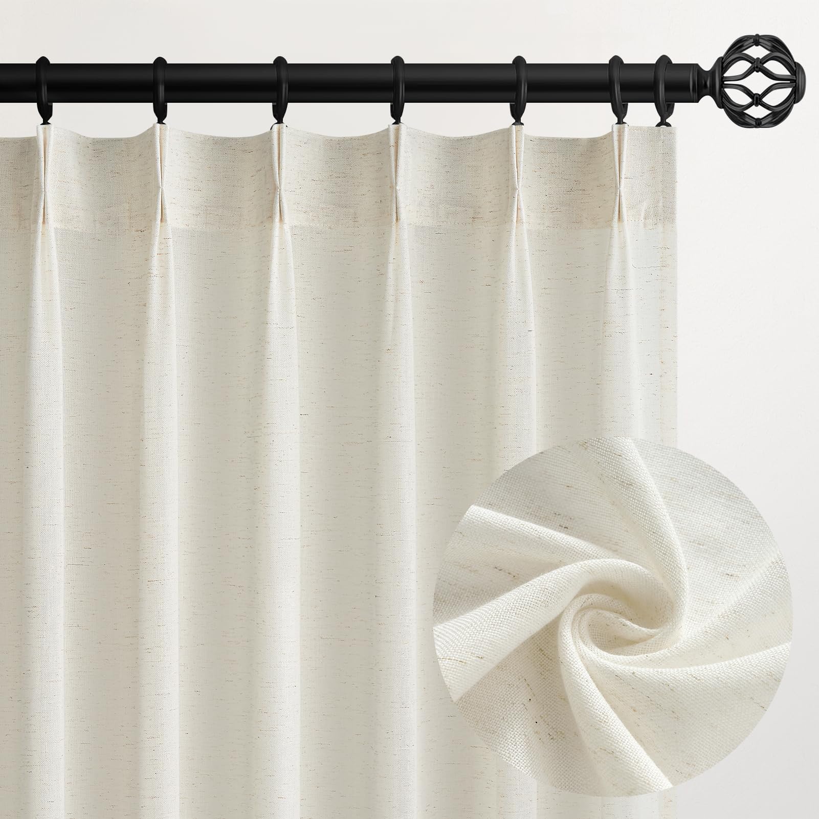 Topfinel front view of two 40x96 panels showing finished hem and pleats for elegant windows