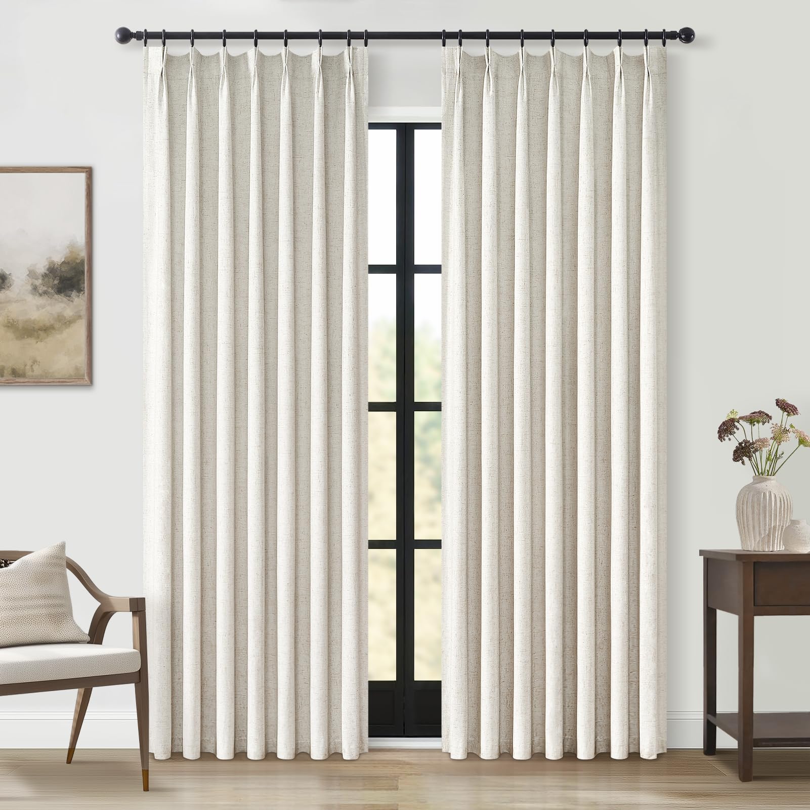 Topfinel front panel hanging showing tailored pinch pleat and elegant beige finish for light control