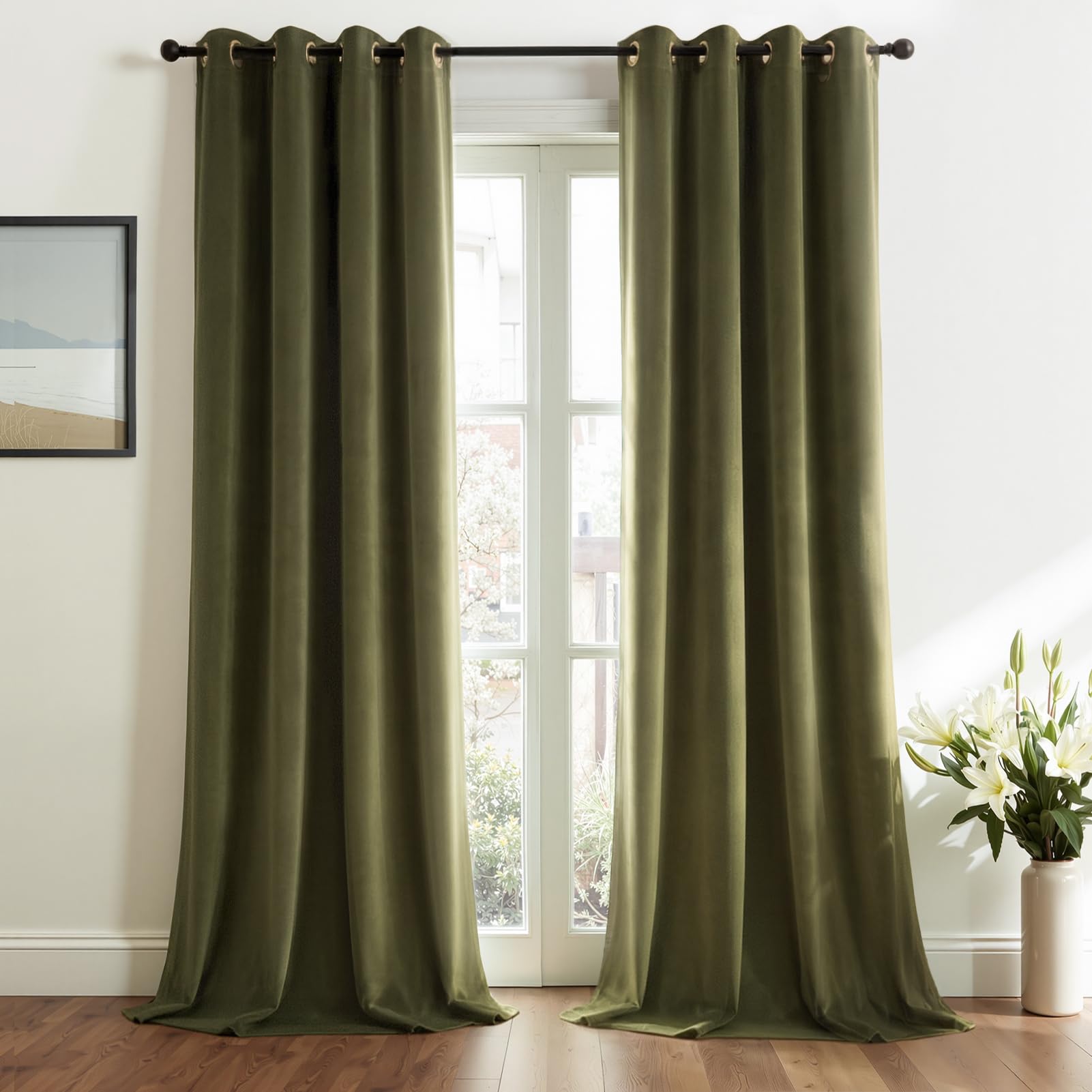 Topfinel front view of olive green velvet curtains adding elegant mood