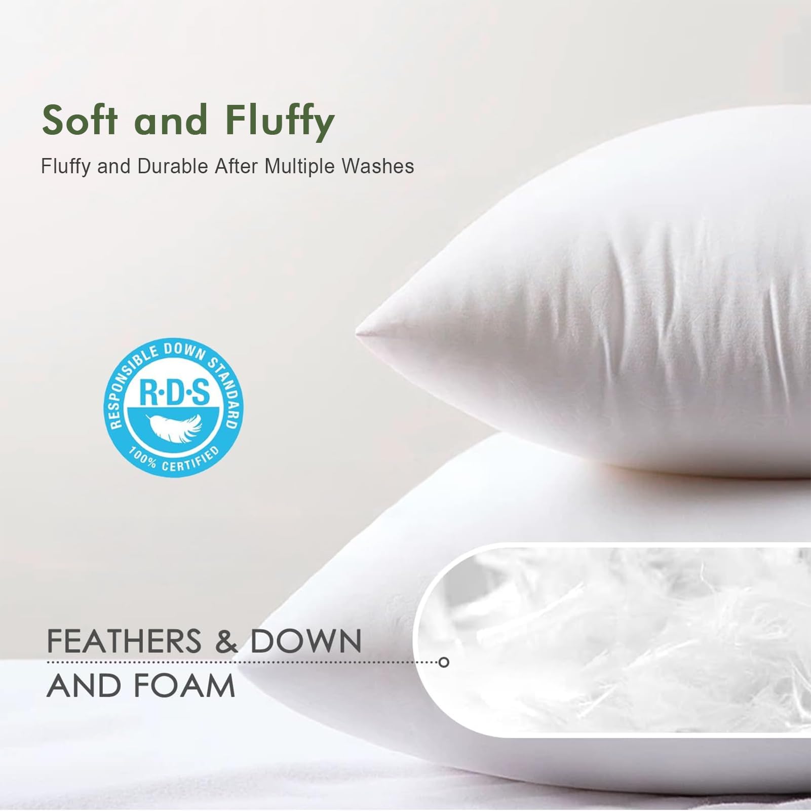 TOPGREEN pair of inserts styled on a bed creating full, plump decorative pillows