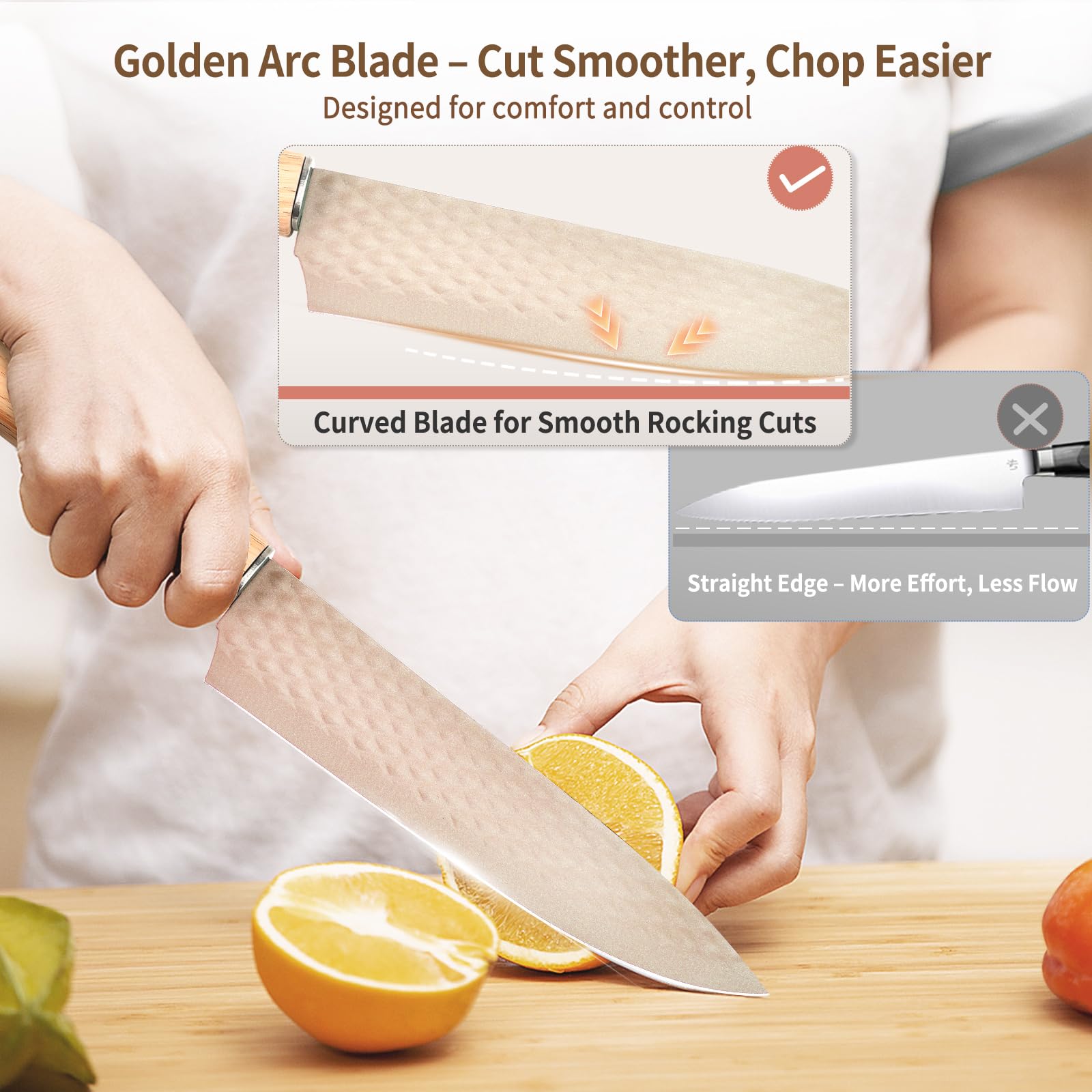TOPLUCKY chef knife slicing vegetables to show sharpness and cutting precision