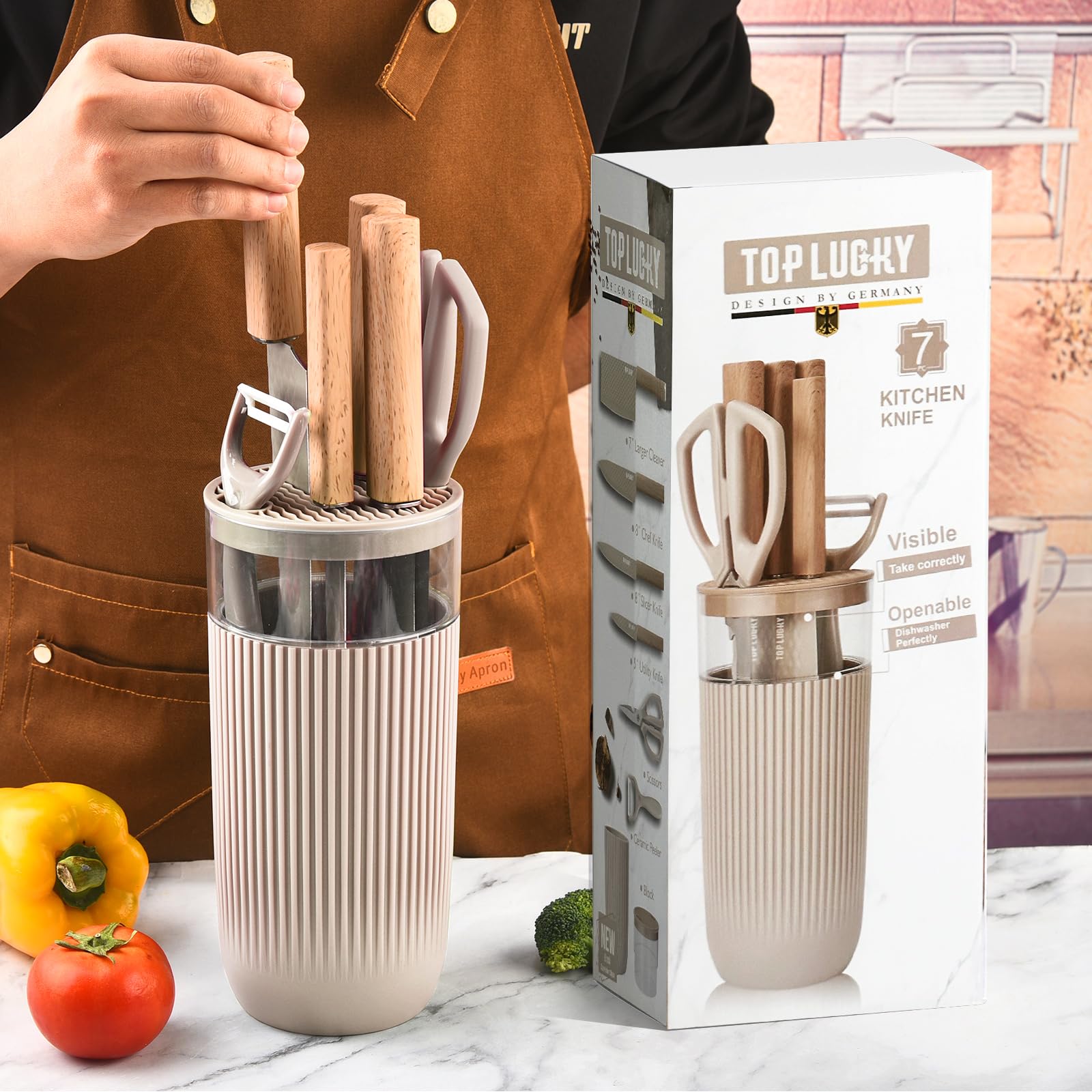TOPLUCKY lifestyle countertop setup showing khaki set enhancing kitchen aesthetics