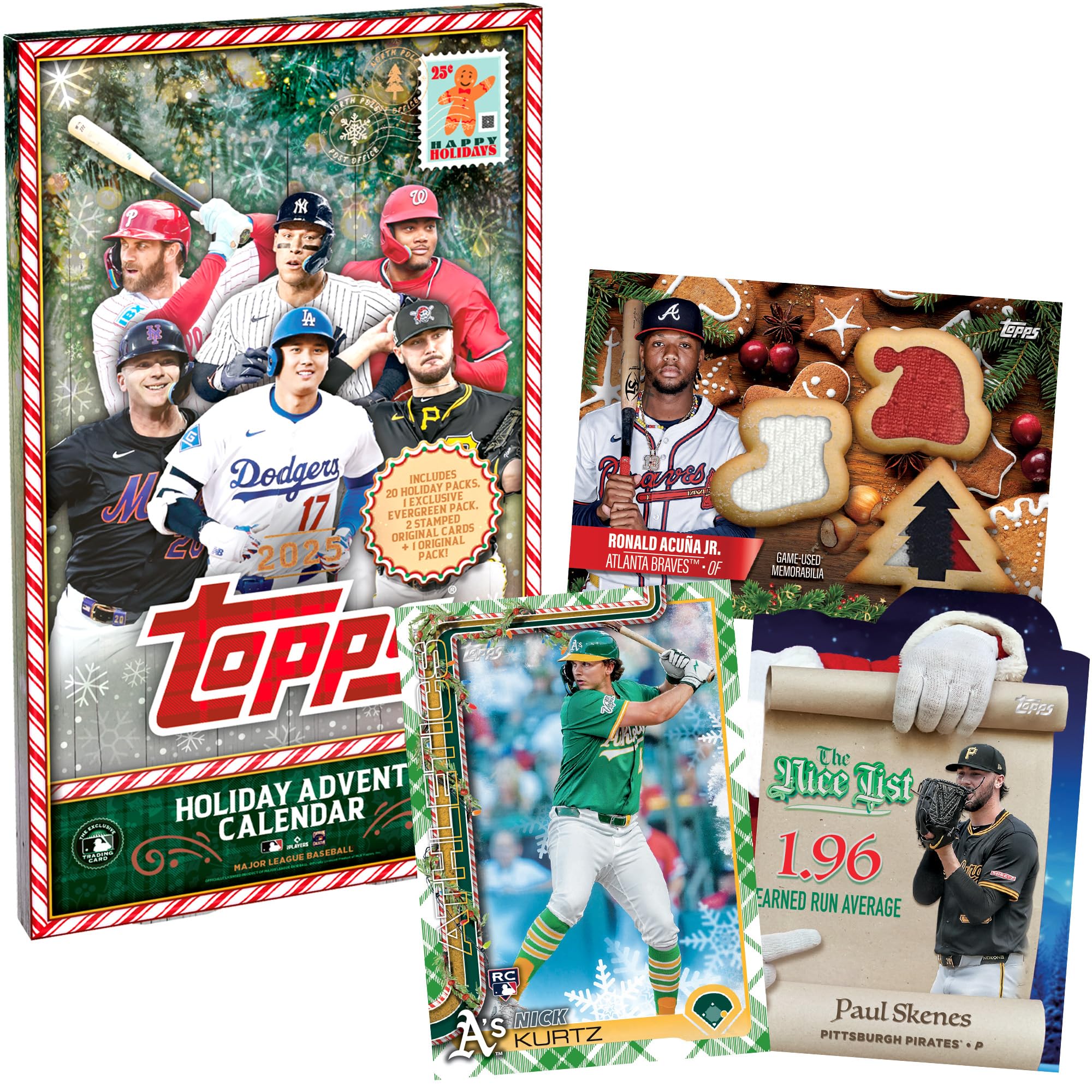 Close-up of a five-card holiday pack with Topps branding, Topps detail highlights design and anticipation