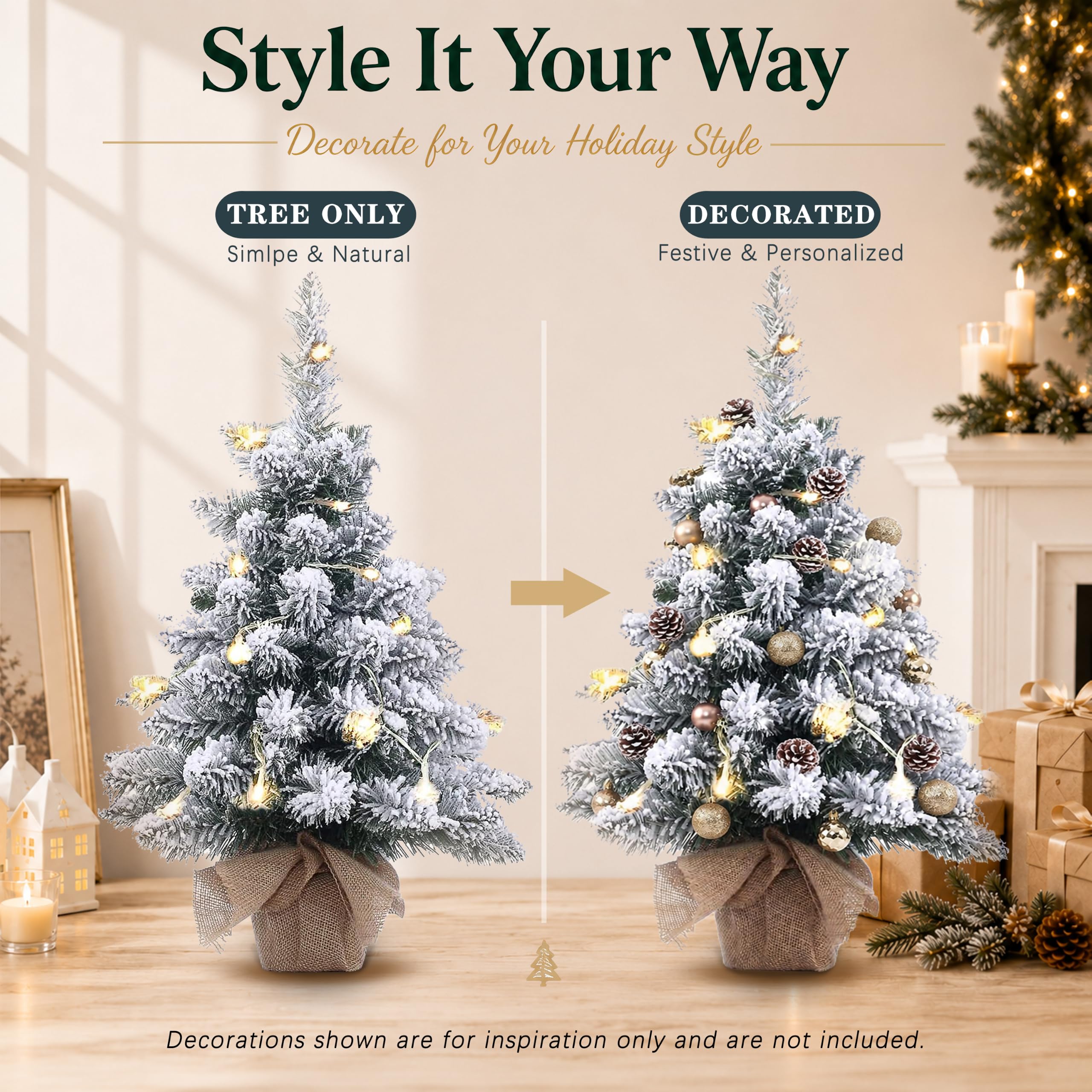 Topro decorated mini tree with ornaments showing how it complements holiday décor and small ornaments