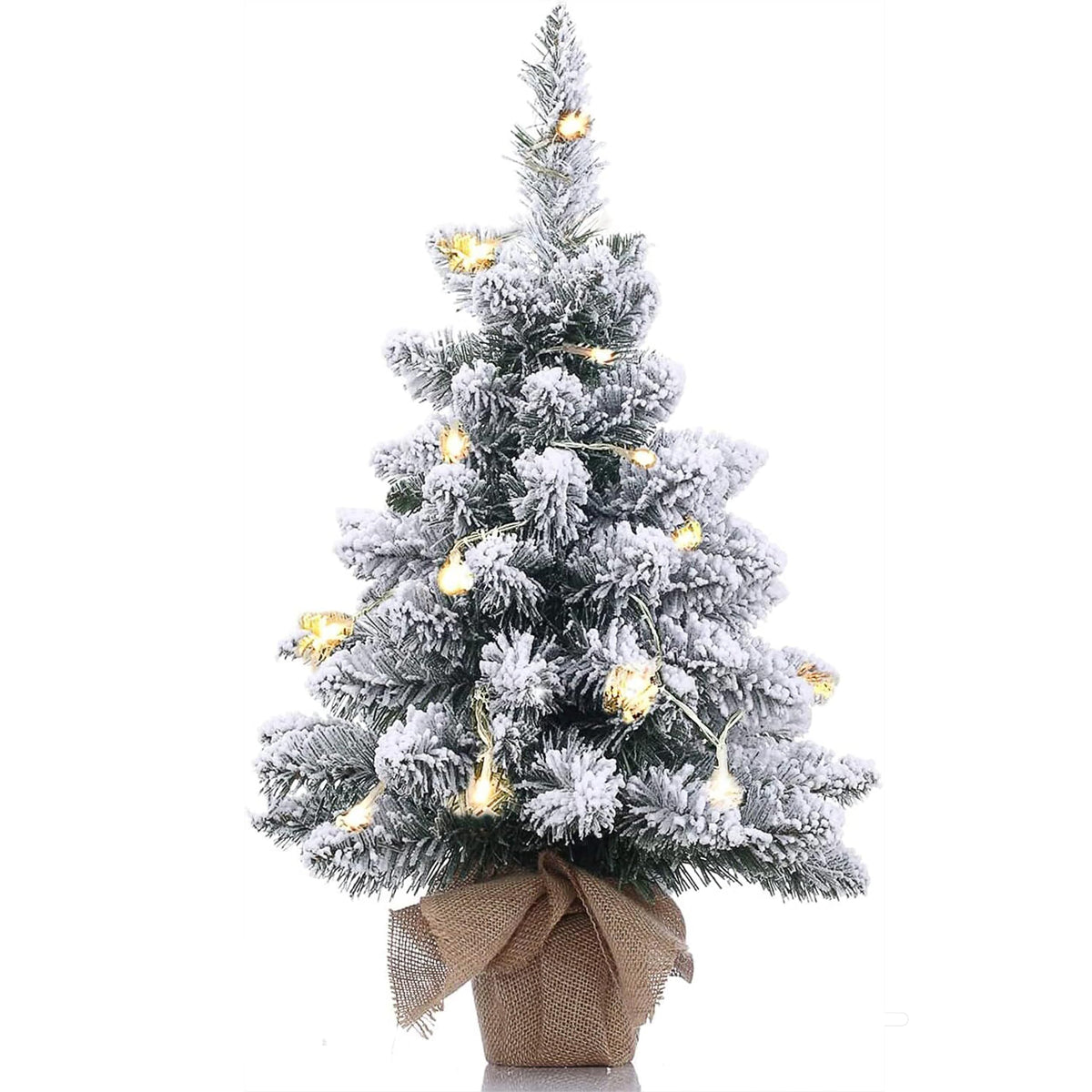 Topro front view of pre-lit 20-inch mini Christmas tree showing full shape and flocking, enhancing cosy decor