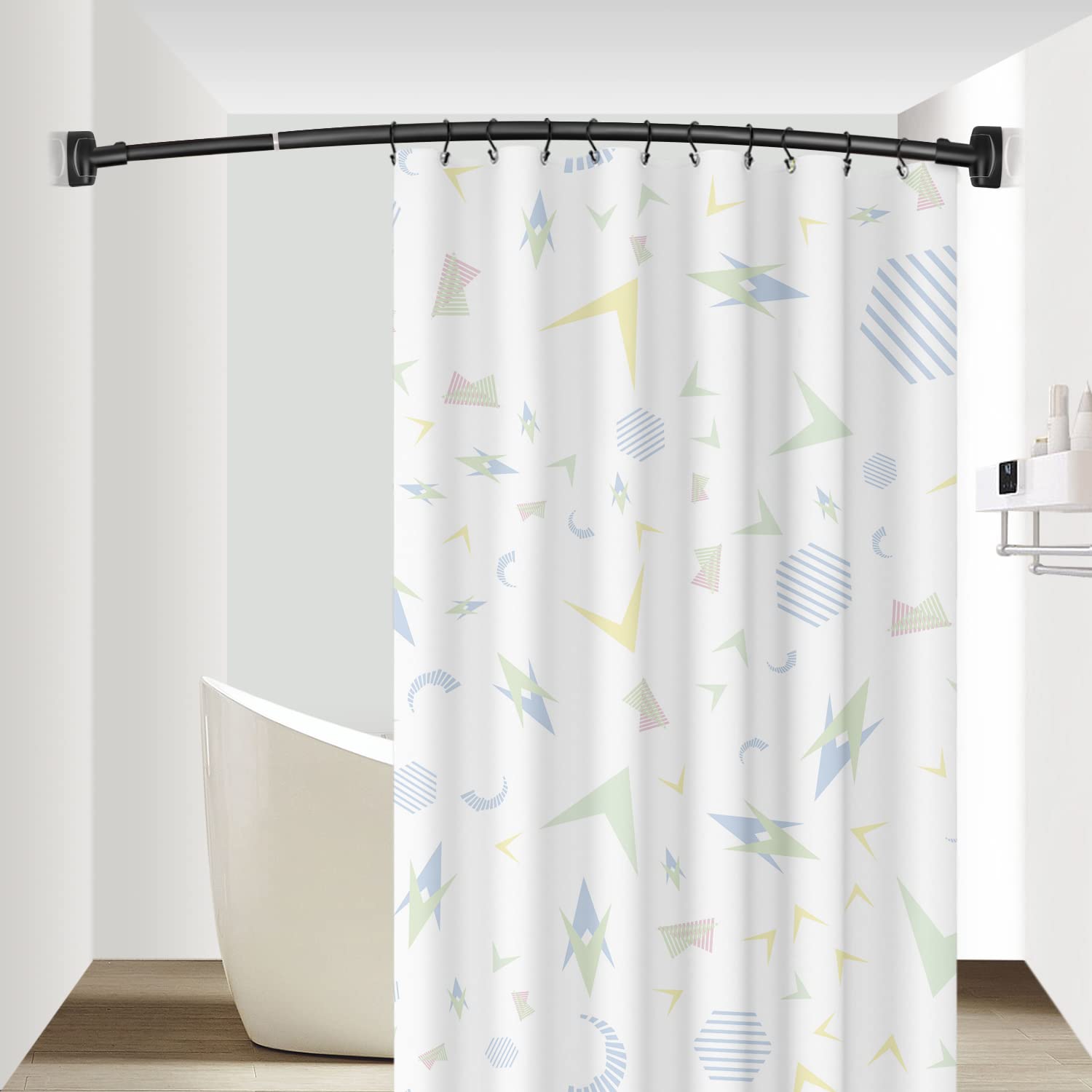 TOPROD lifestyle bathroom scene with rod and curtain, enhances shower comfort