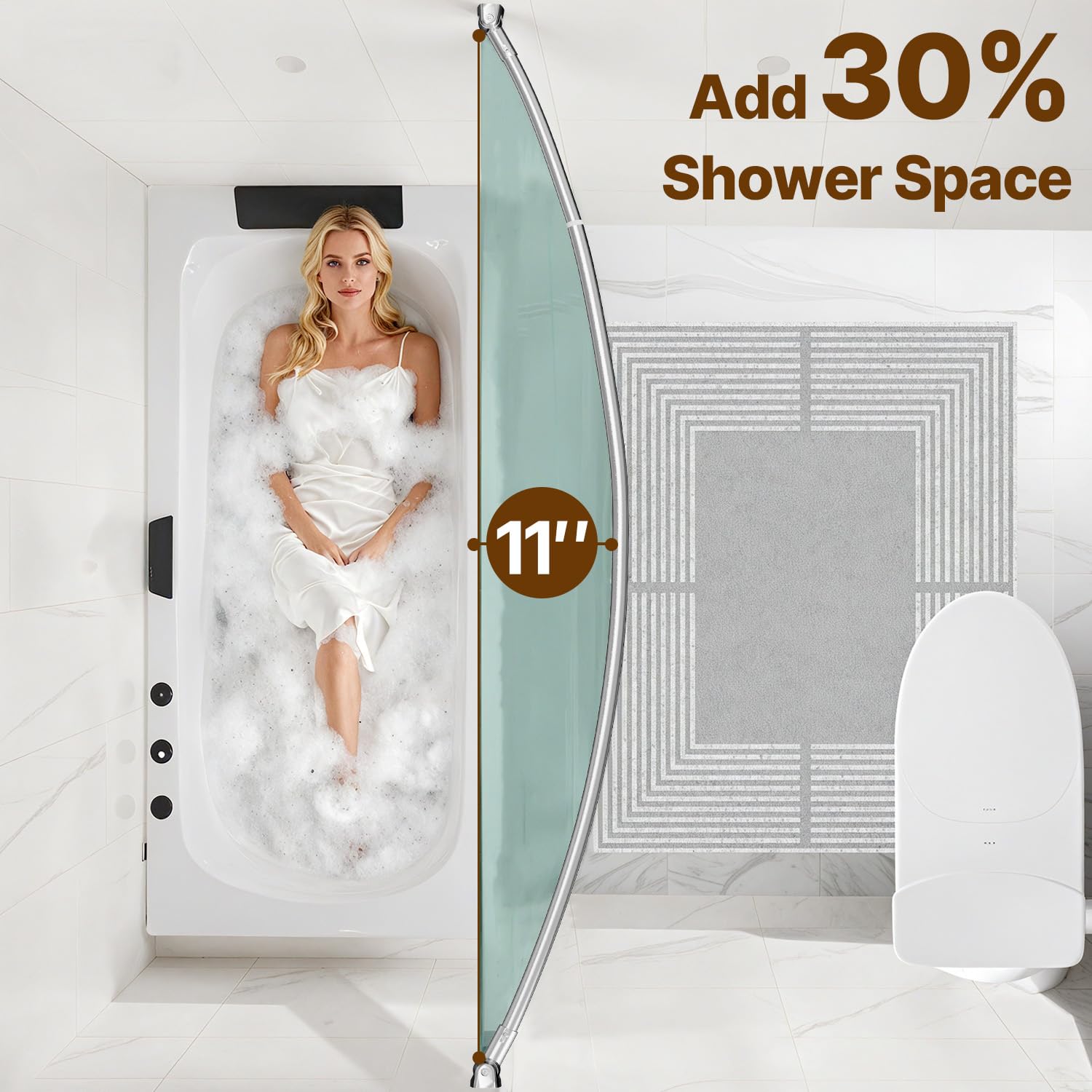 TOPROD rod mounted in bathtub setting giving extra elbow room