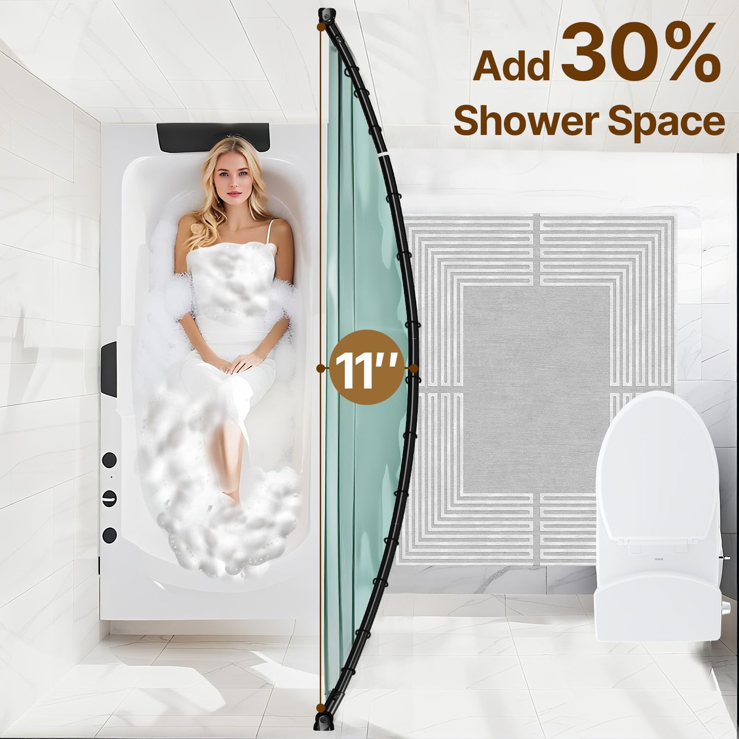 TOPROD mounted arched rod in shower, provides extra elbow clearance
