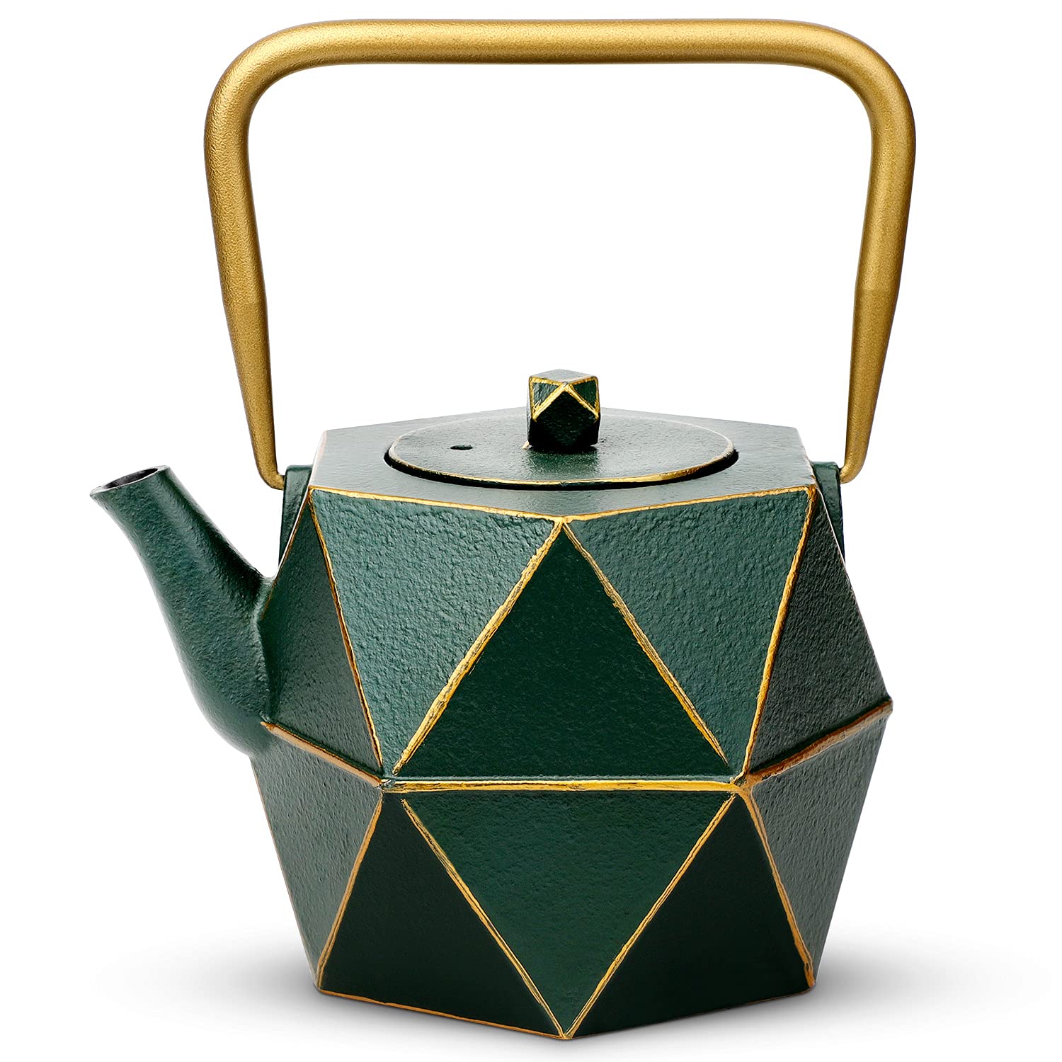 toptier teapot front view showing diamond shape and dark green finish, attractive centerpiece