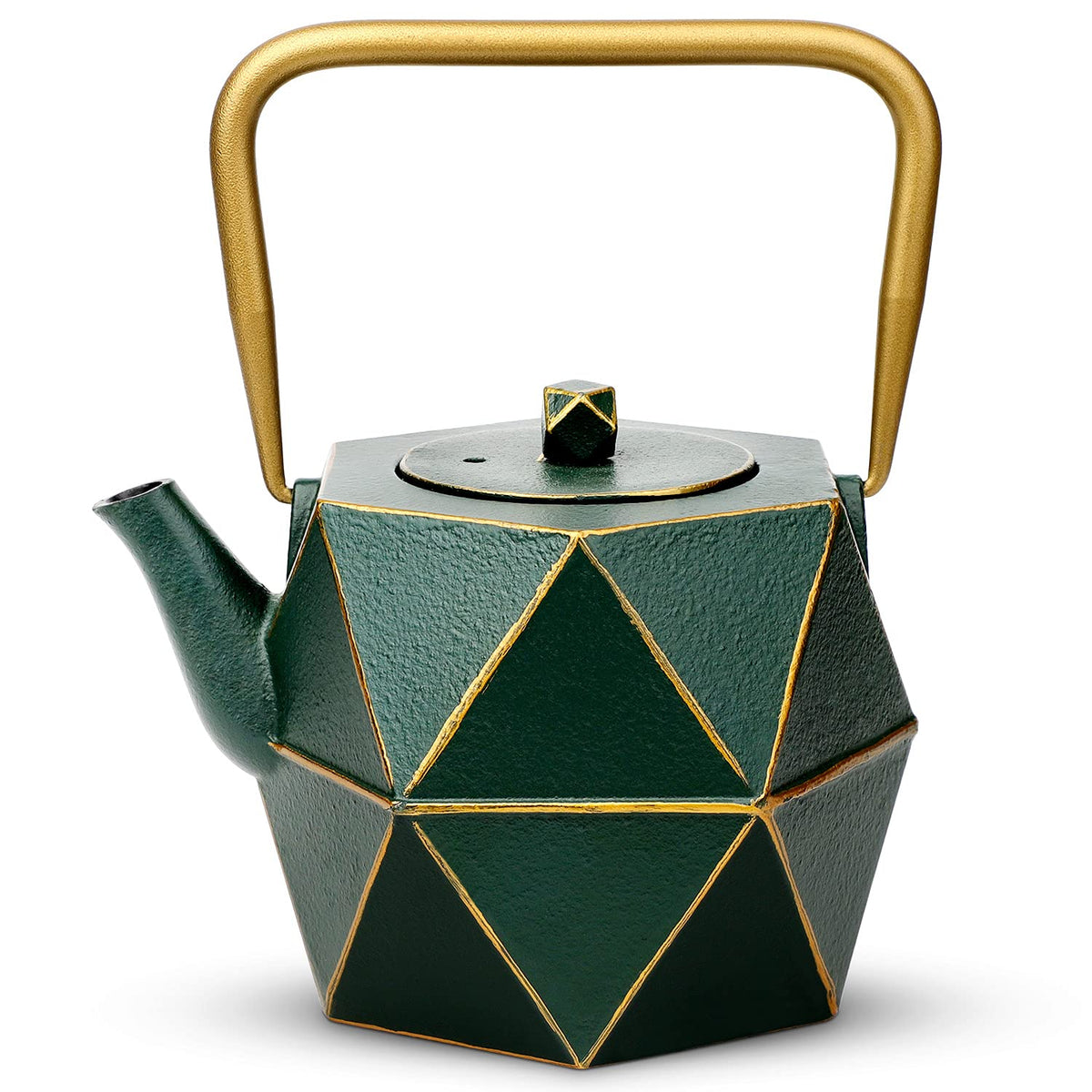 toptier teapot front view showing diamond shape and dark green finish, attractive centerpiece