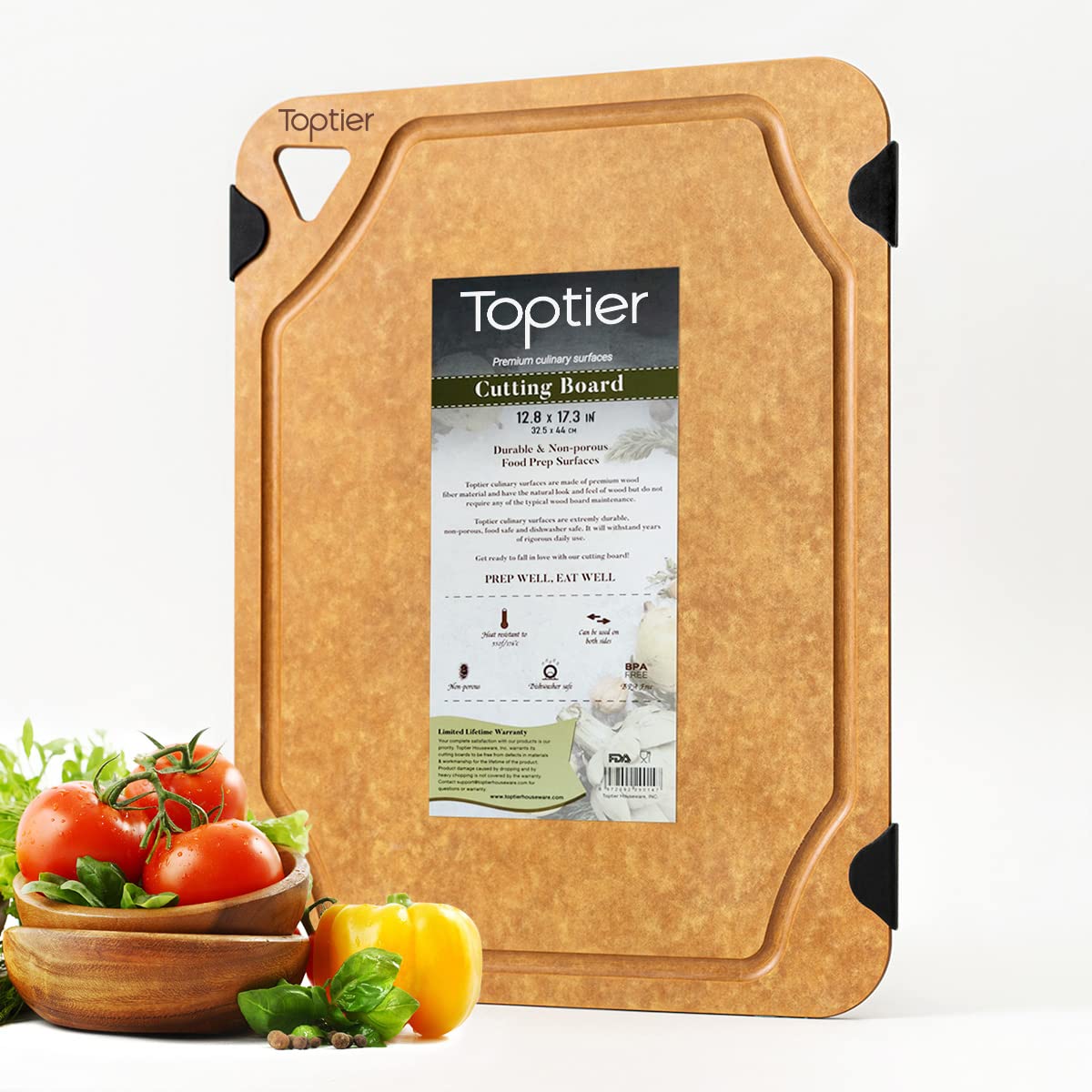 Toptier front view of cutting board showing natural slate finish and clean edges for stylish prep