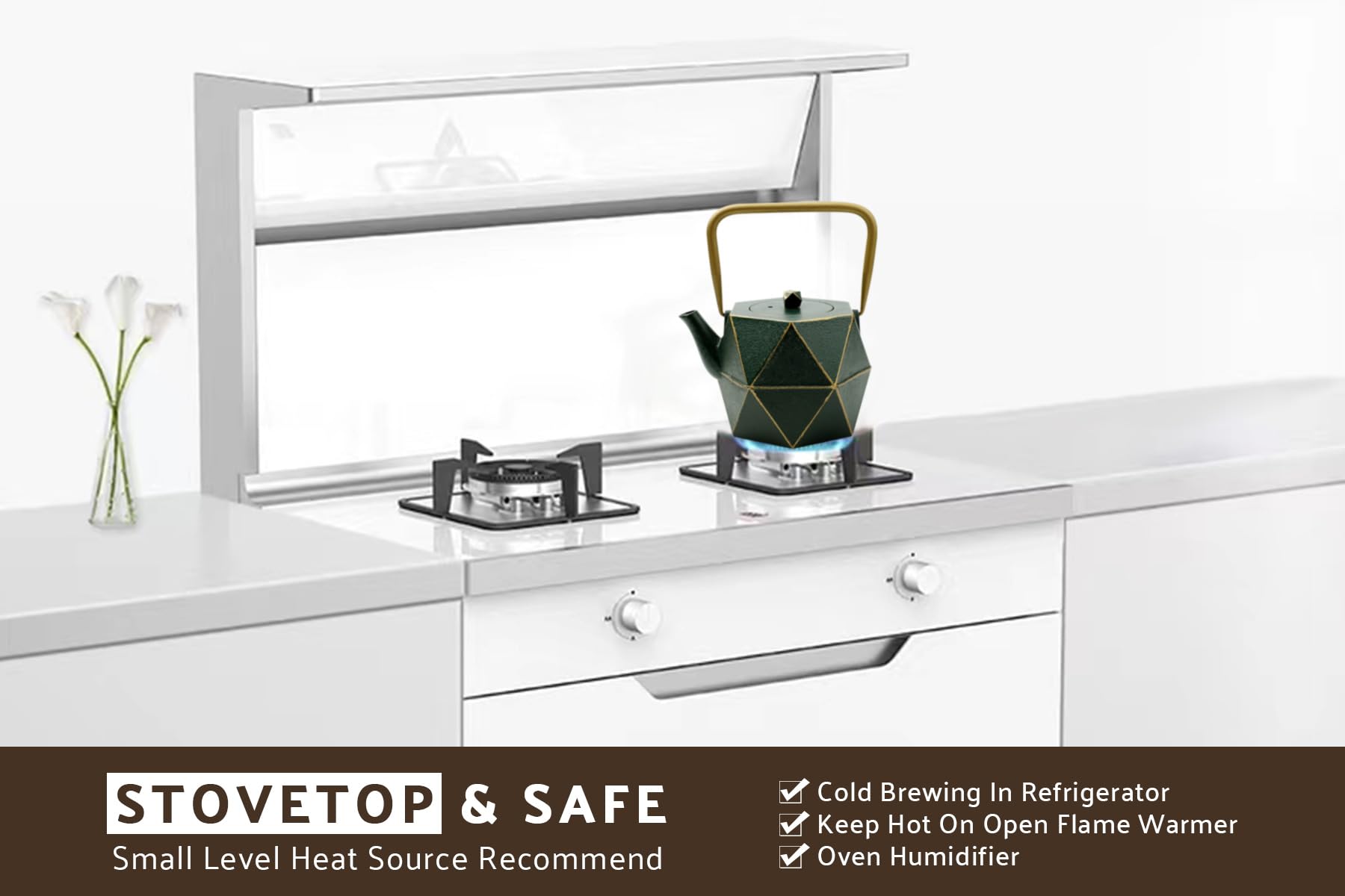 toptier teapot next to cups illustrating 30oz capacity and servings for two to three