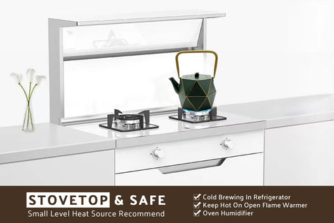 toptier teapot next to cups illustrating 30oz capacity and servings for two to three