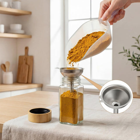 Torchero labeled jars neatly arranged on spice rack for quick identification