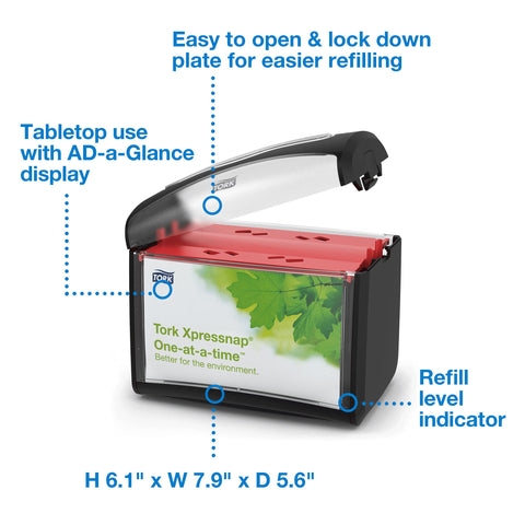 Tork Xpressnap dispense slot close-up showing one-at-a-time hygiene benefit