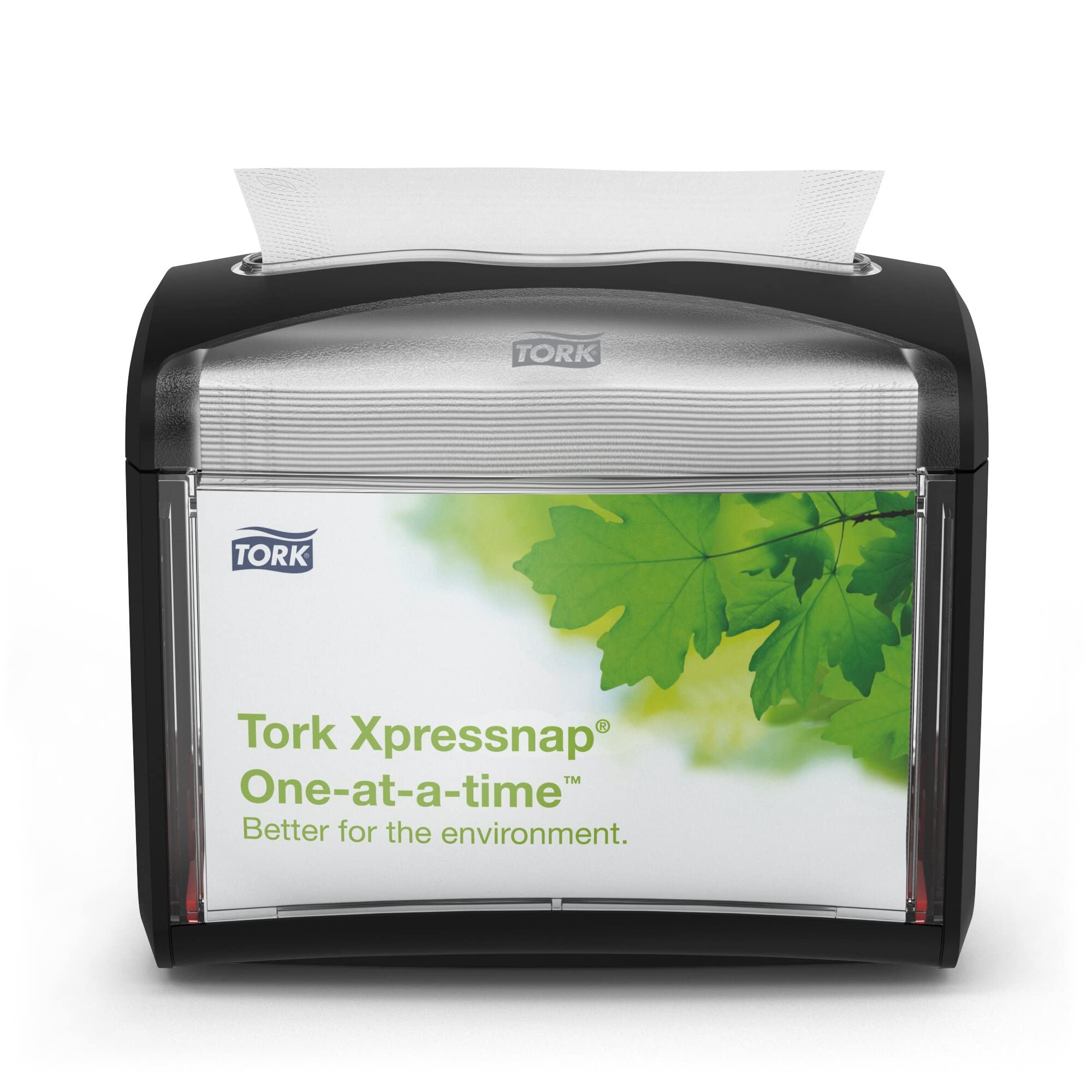 Tork Xpressnap front view showing sleek black housing and quick access benefits
