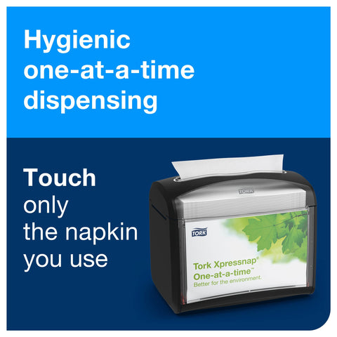 Tork Xpressnap side profile next to a tray showing compact size benefit