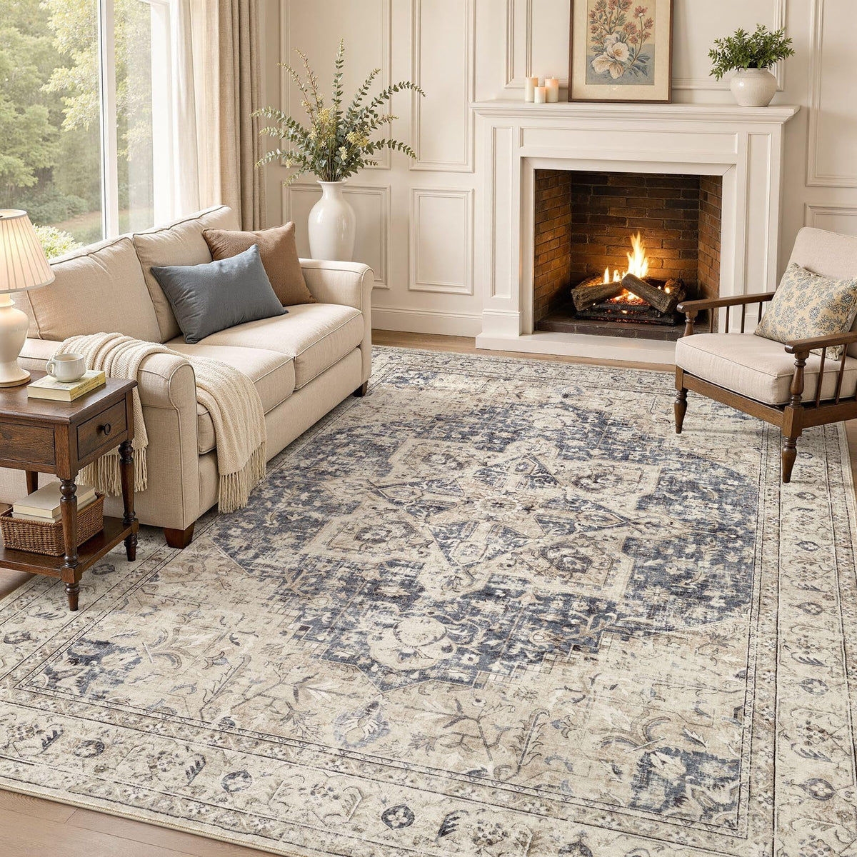 Tortania rug front view showing cream and blue medallion, adds warm style