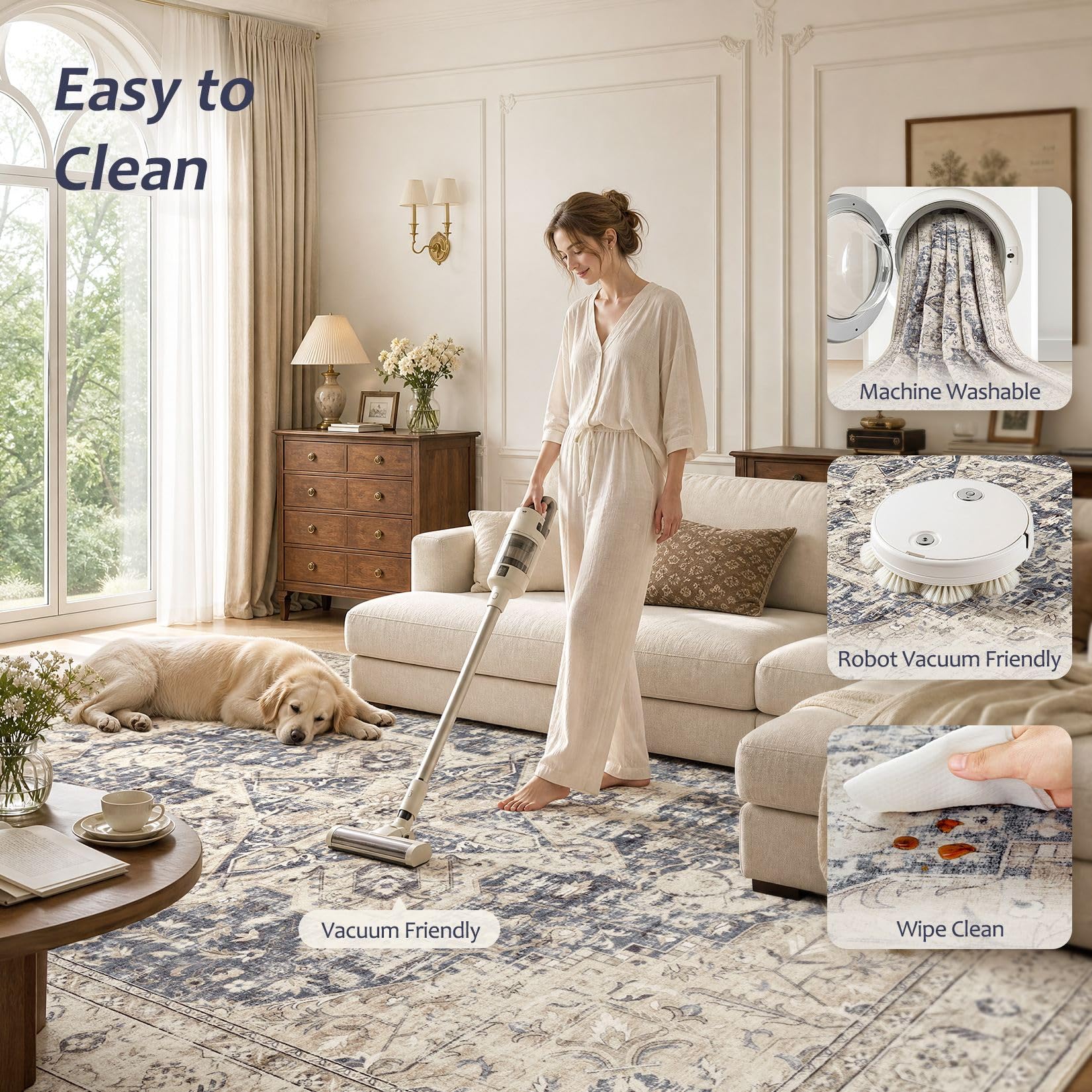 Tortania rug laid on hardwood living room, provides non-slip stability
