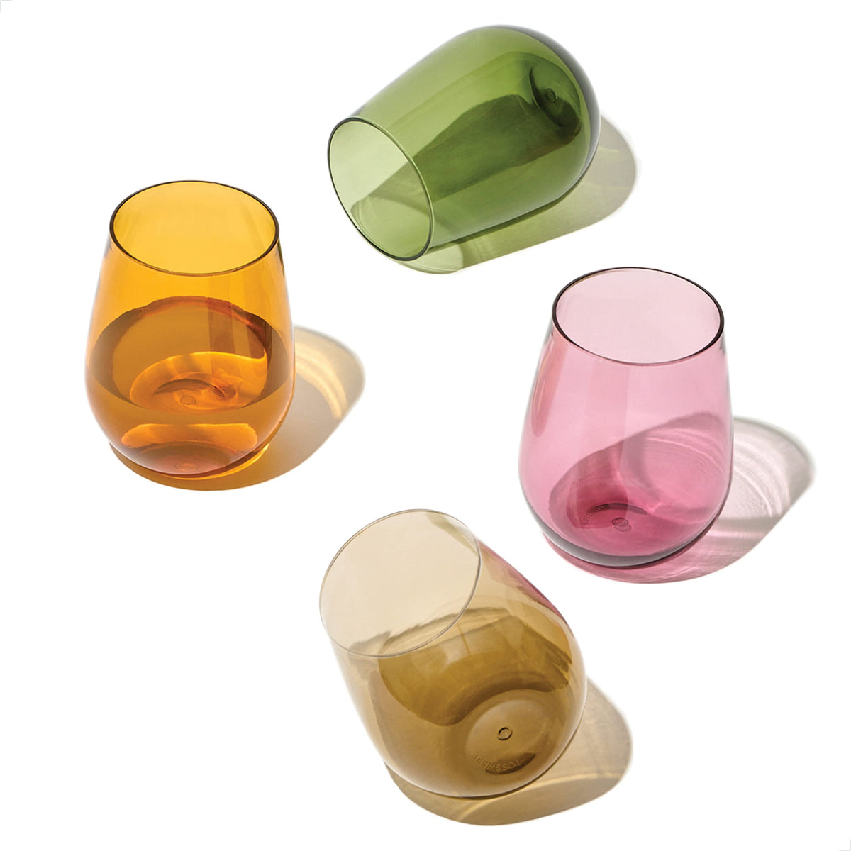TOSSWARE front view of four stemless wine glasses showing elegant look and durability