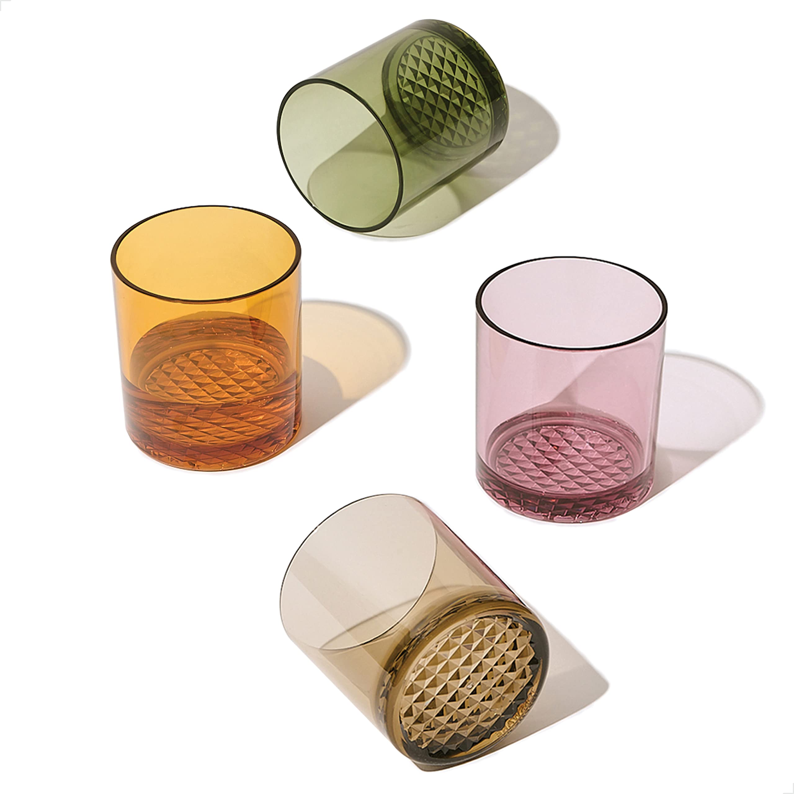 TOSSWARE front view of four Old Fashioned glasses showing crystal-like clarity and color