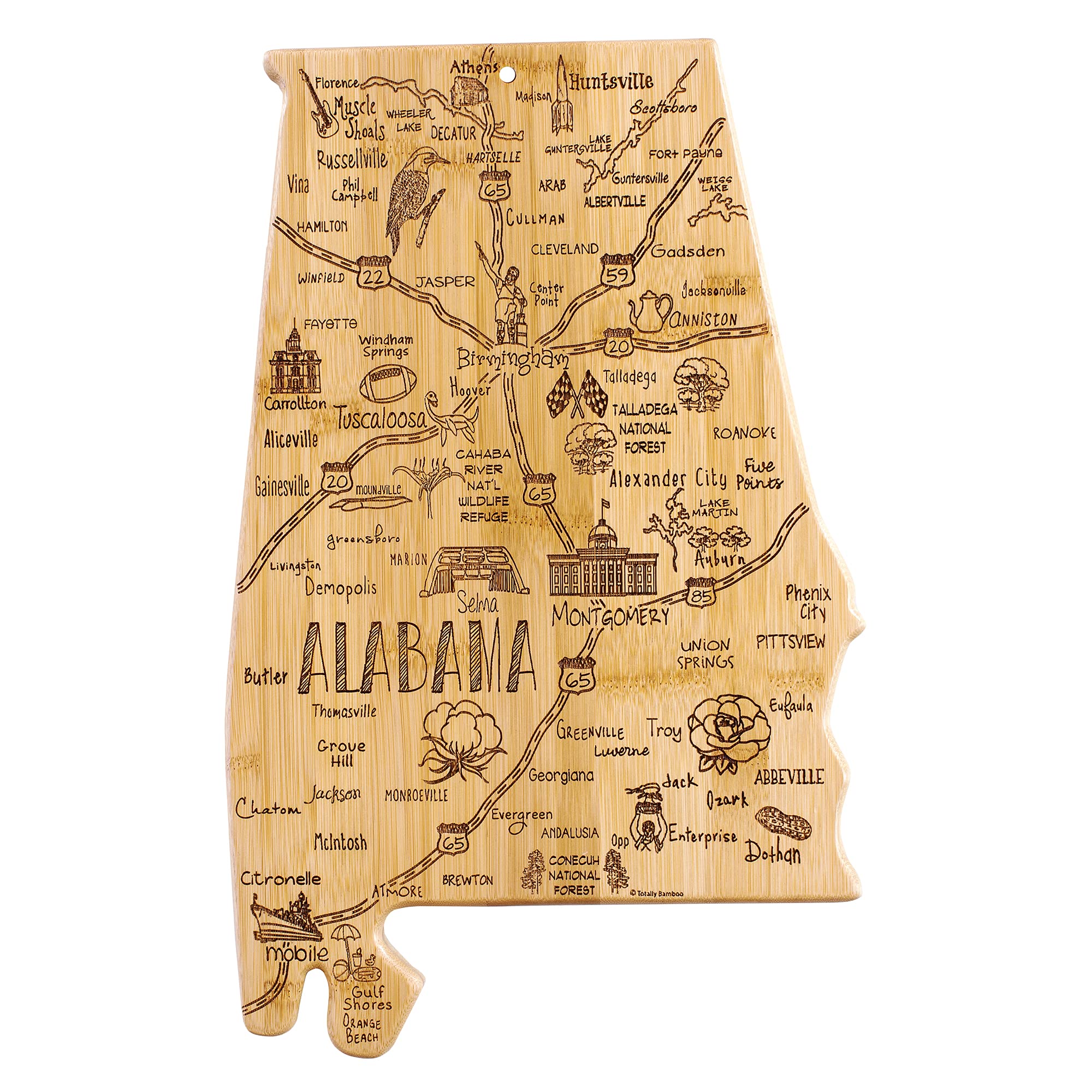 Totally Bamboo engraved front showing Alabama map and landmarks, great for themed serving