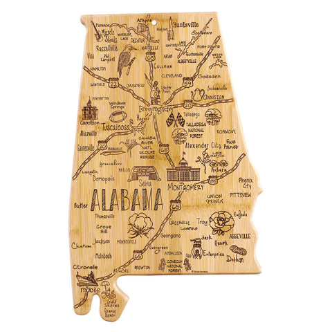 Totally Bamboo engraved front showing Alabama map and landmarks, great for themed serving
