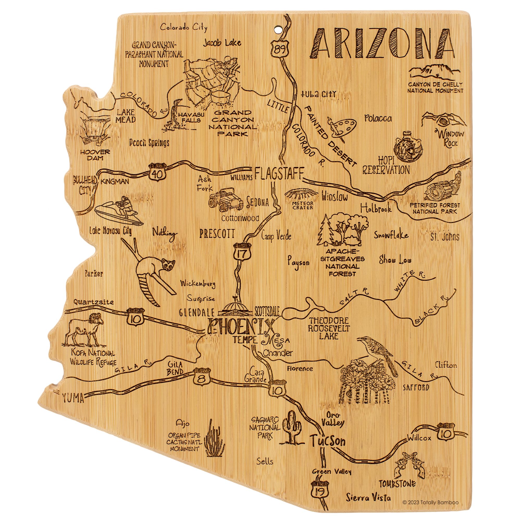 Totally Bamboo front view showing Arizona shape and engraved landmarks, decorative serving benefit