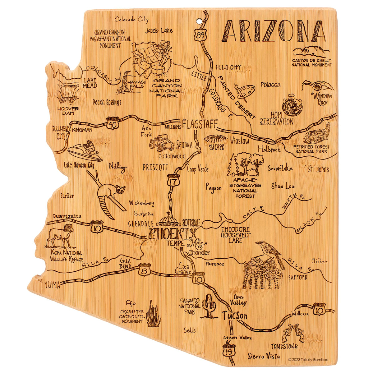 Totally Bamboo front view showing Arizona shape and engraved landmarks, decorative serving benefit
