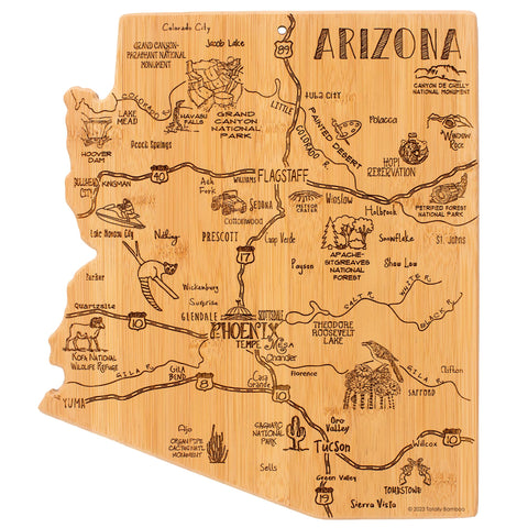 Totally Bamboo front view showing Arizona shape and engraved landmarks, decorative serving benefit