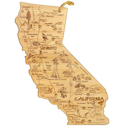 Totally Bamboo front view of California-shaped board showing engraved map, ideal for serving