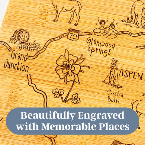 Totally Bamboo close-up engraving showing Colorado cities and landmarks