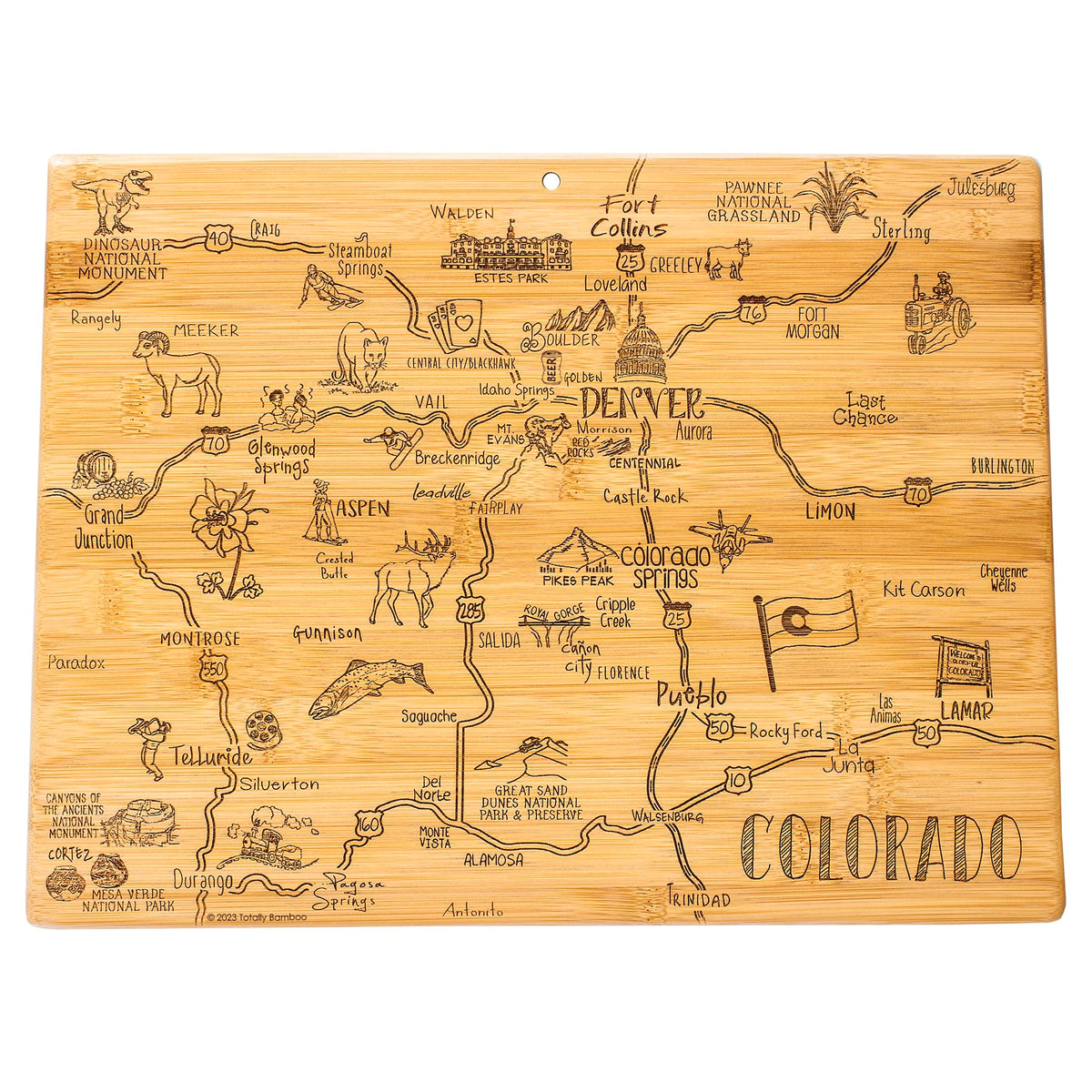 Totally Bamboo front engraved Colorado board showcased for serving