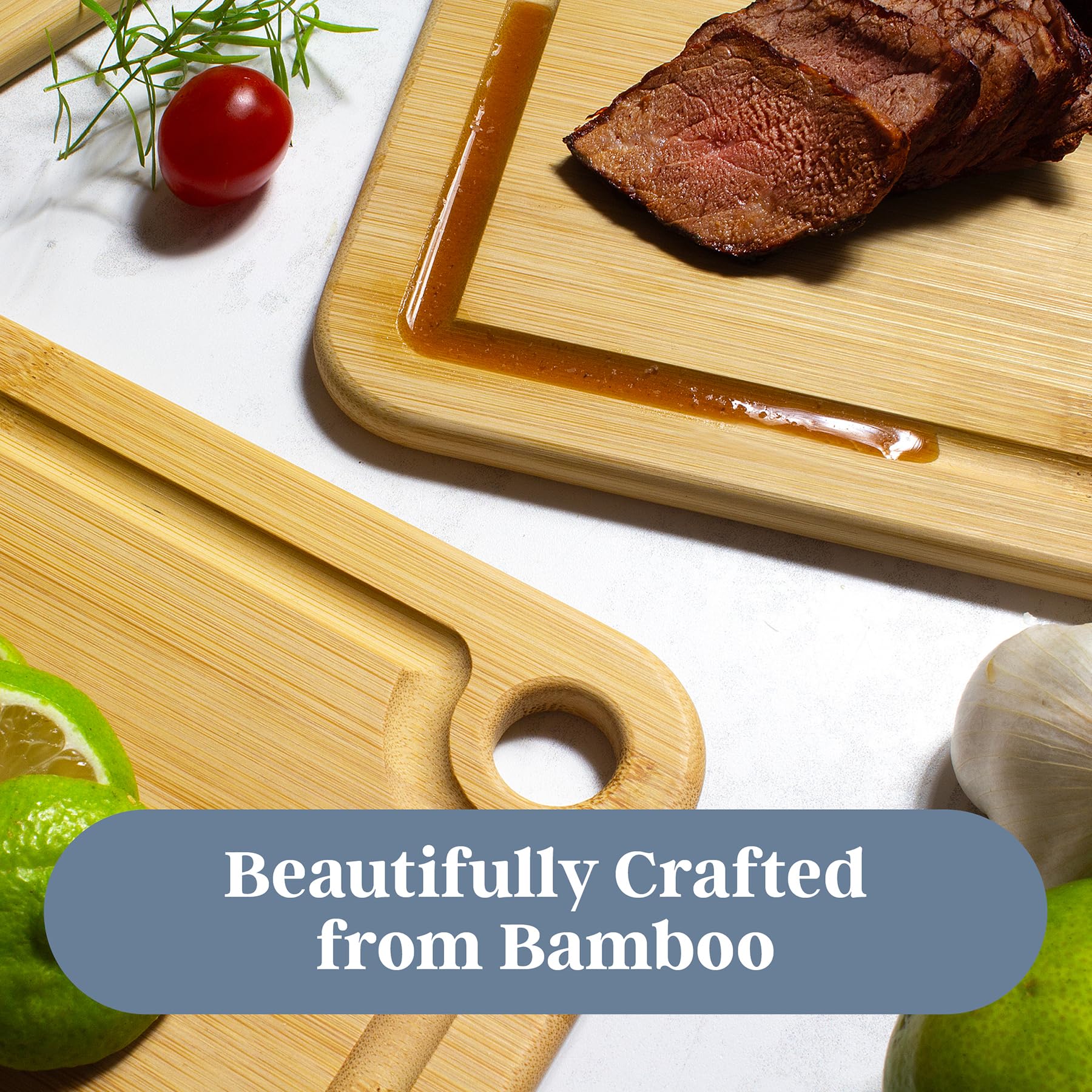 Totally Bamboo boards beside a chef knife illustrating size options and handling ease