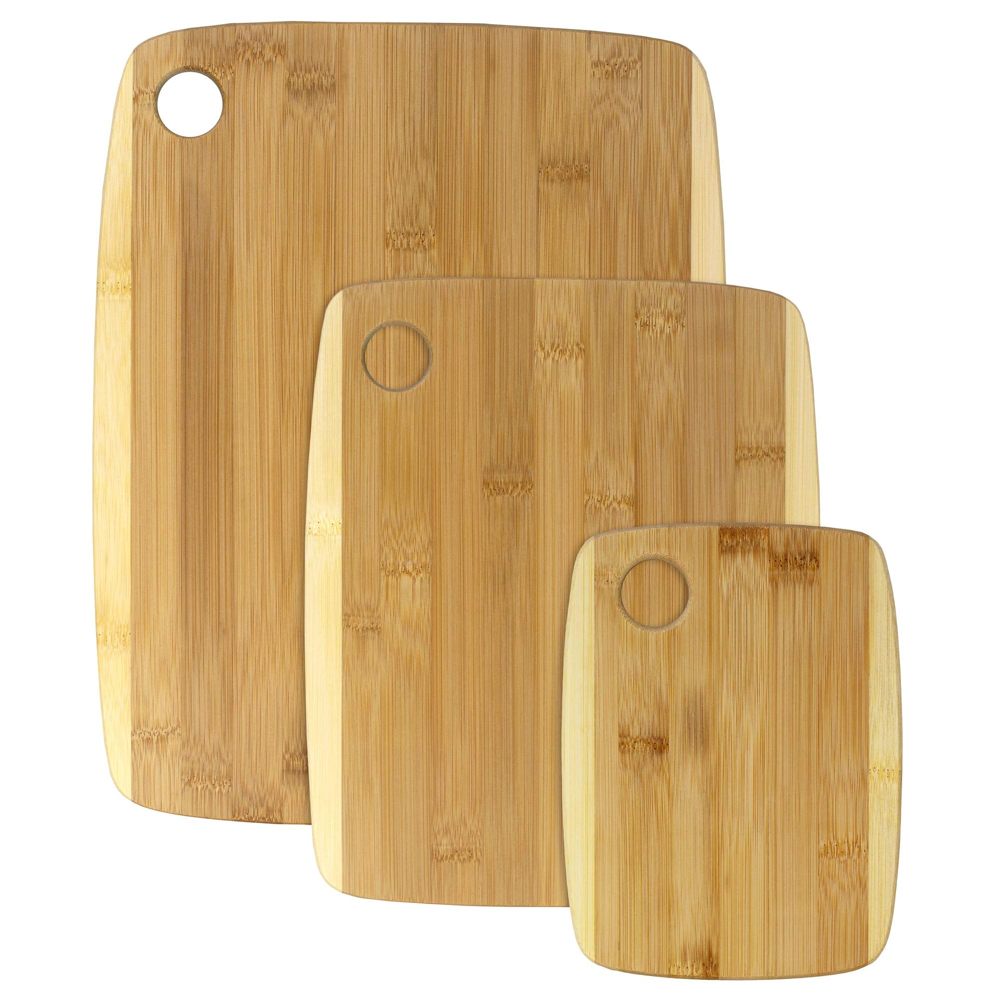 Totally Bamboo front view of three-board set showing size variety and kitchen-ready appeal