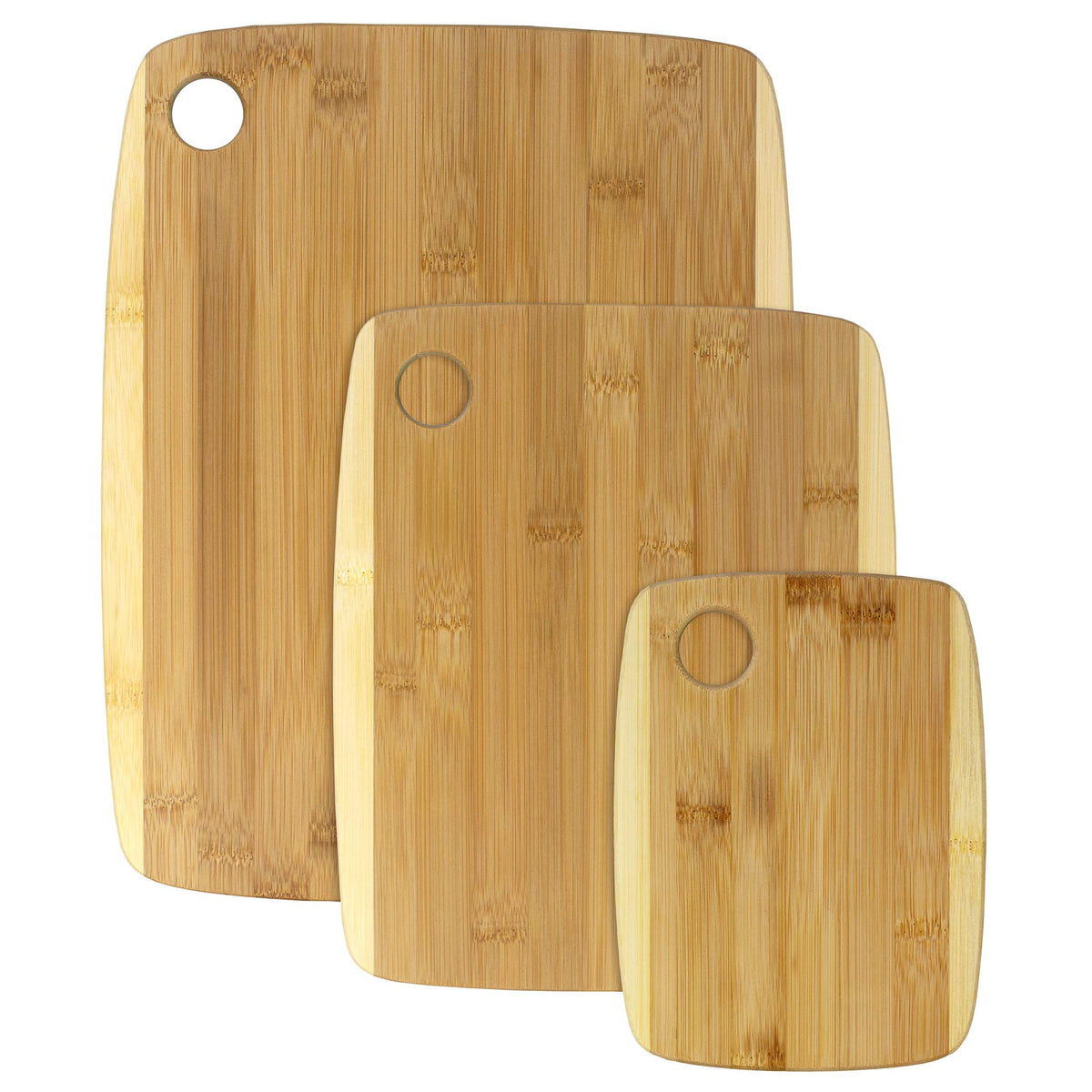 Totally Bamboo front view of three-board set showing size variety and kitchen-ready appeal
