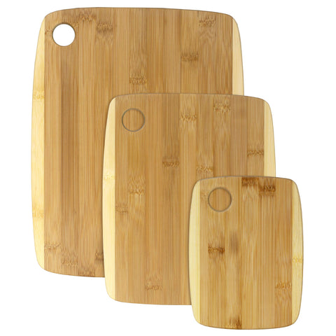 Totally Bamboo front view of three-board set showing size variety and kitchen-ready appeal