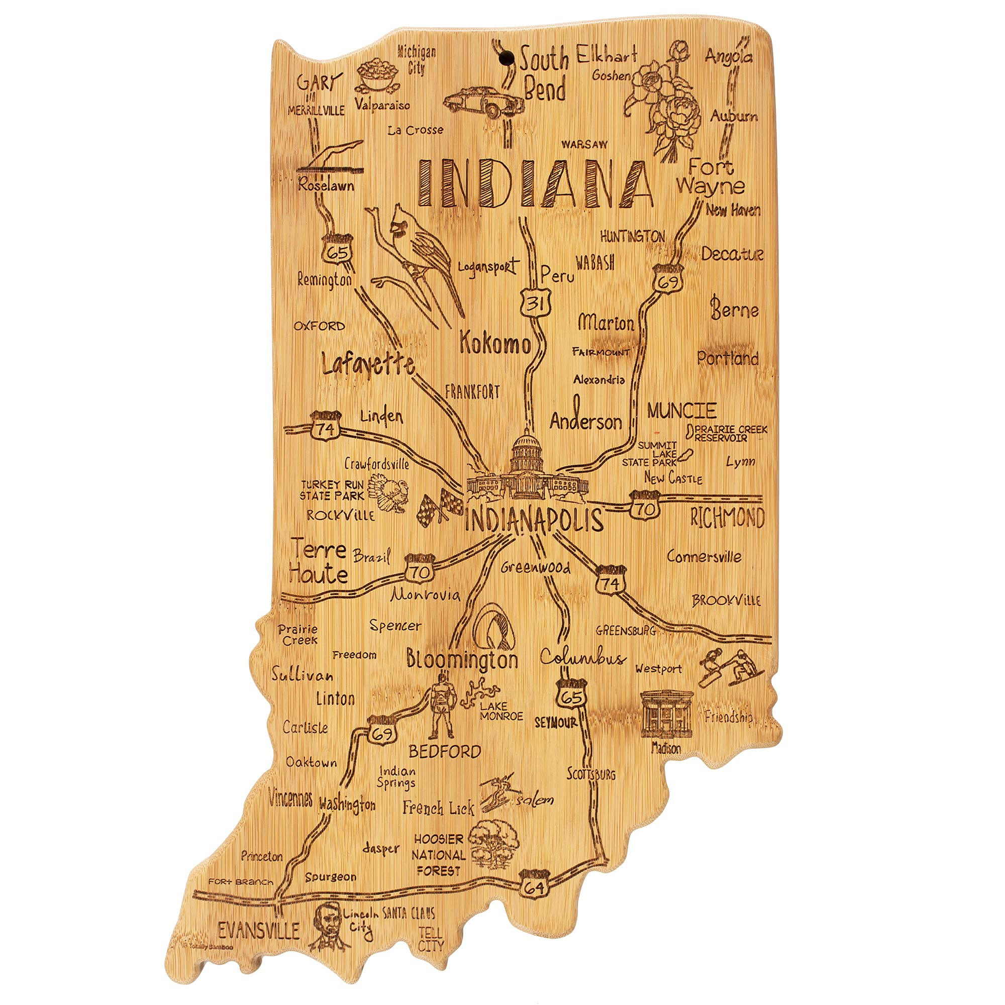 Totally Bamboo Indiana board front engraving showcasing landmarks and serving appeal