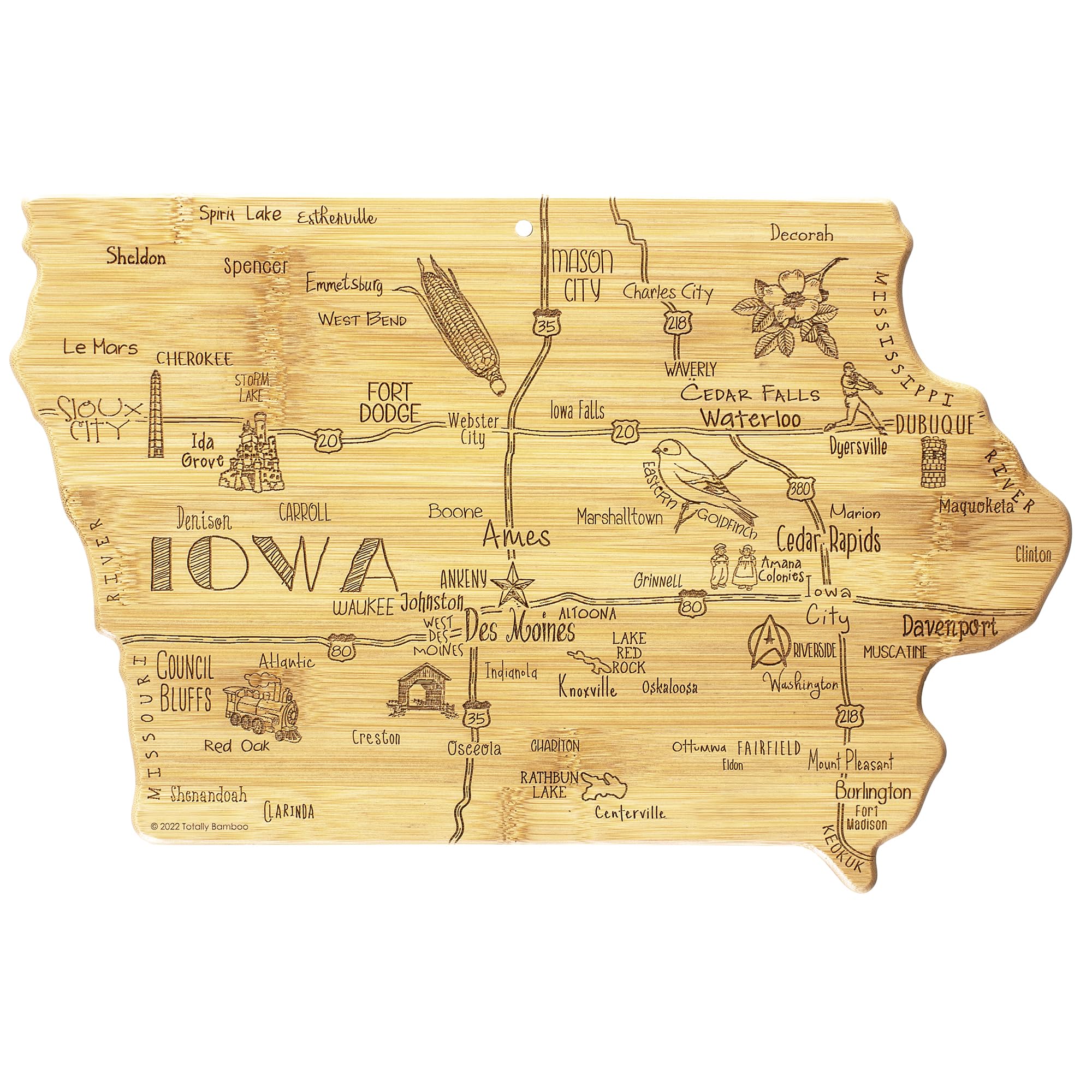 Totally Bamboo front engraved board showing Iowa map and landmarks for decorative serving