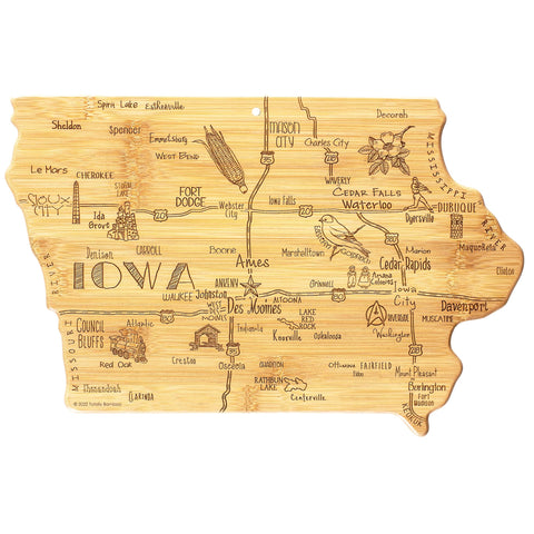 Totally Bamboo front engraved board showing Iowa map and landmarks for decorative serving