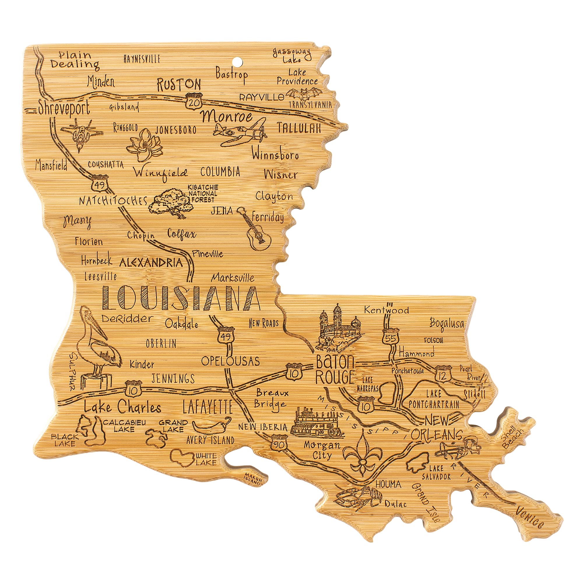 Totally Bamboo Louisiana engraved front showing cities and landmarks, perfect for themed serving