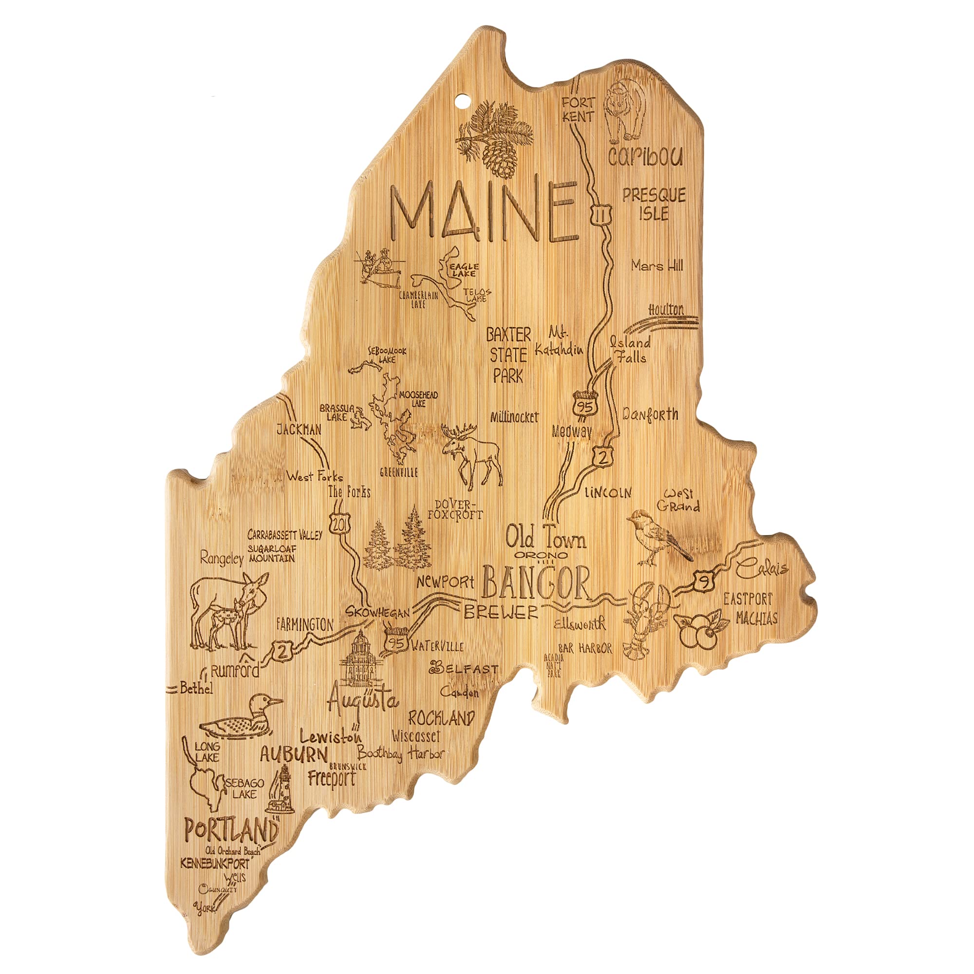 Totally Bamboo board front view showing Maine shape and engraved towns, decorative benefit