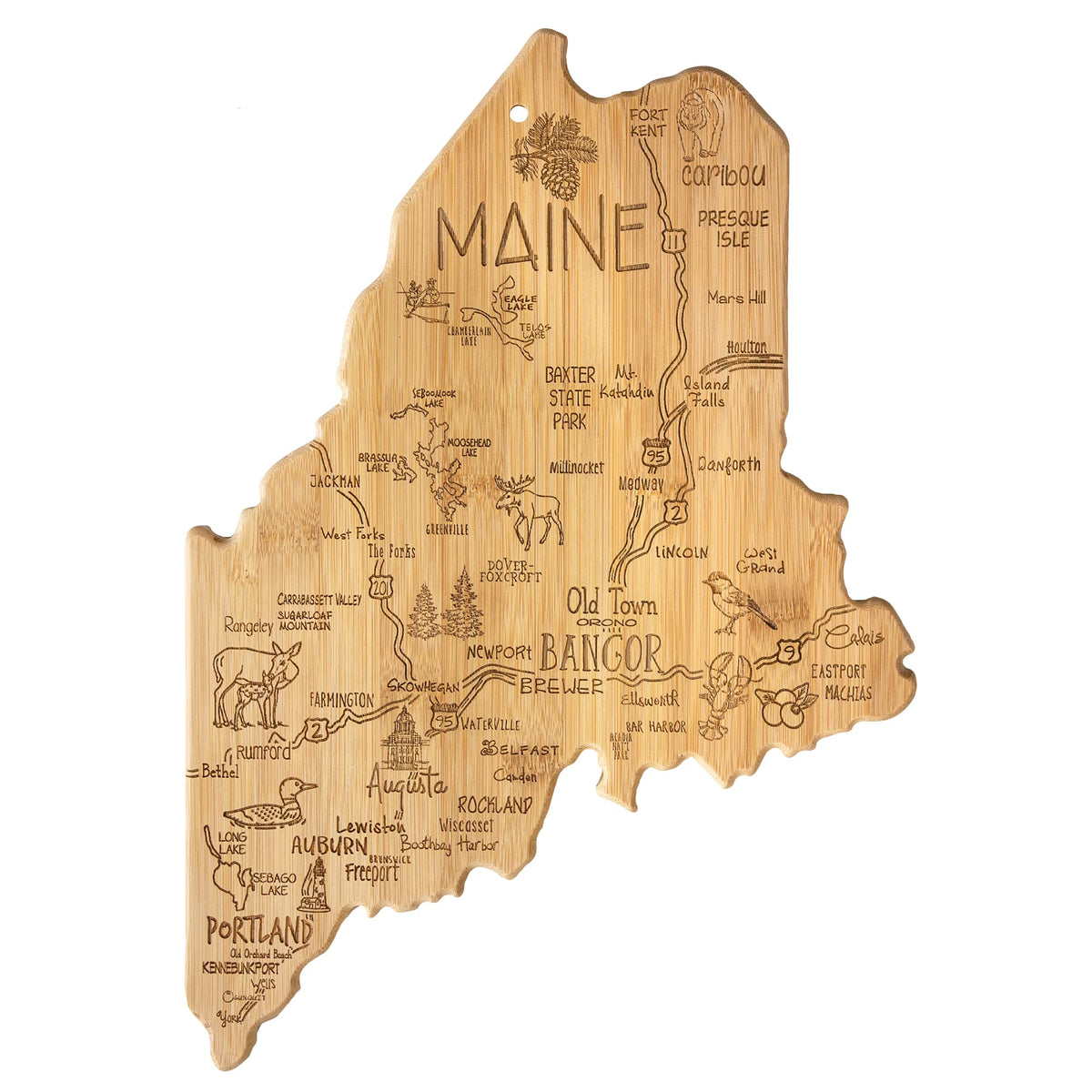 Totally Bamboo board front view showing Maine shape and engraved towns, decorative benefit