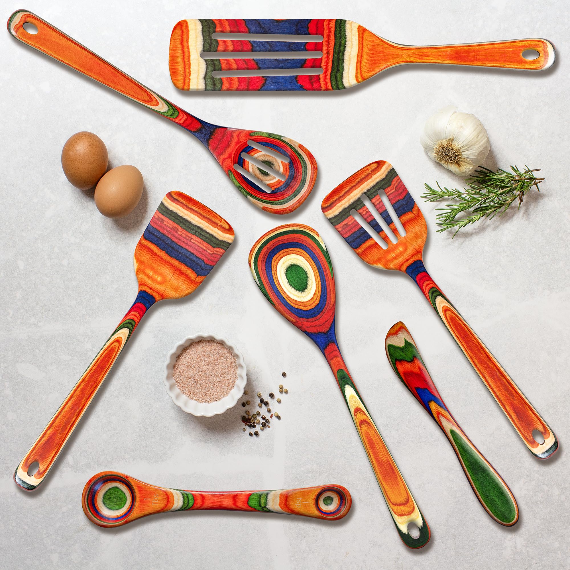 Totally Bamboo spatula and spoon flipping vegetables on nonstick pan to protect surface