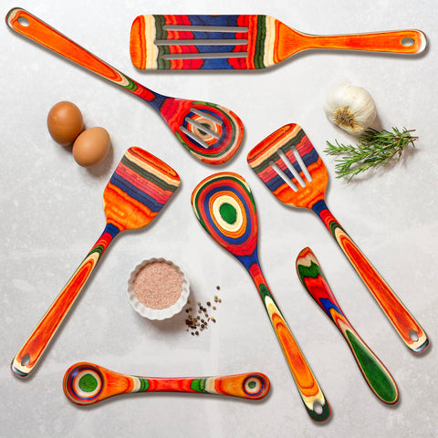 Totally Bamboo spatula and spoon flipping vegetables on nonstick pan to protect surface