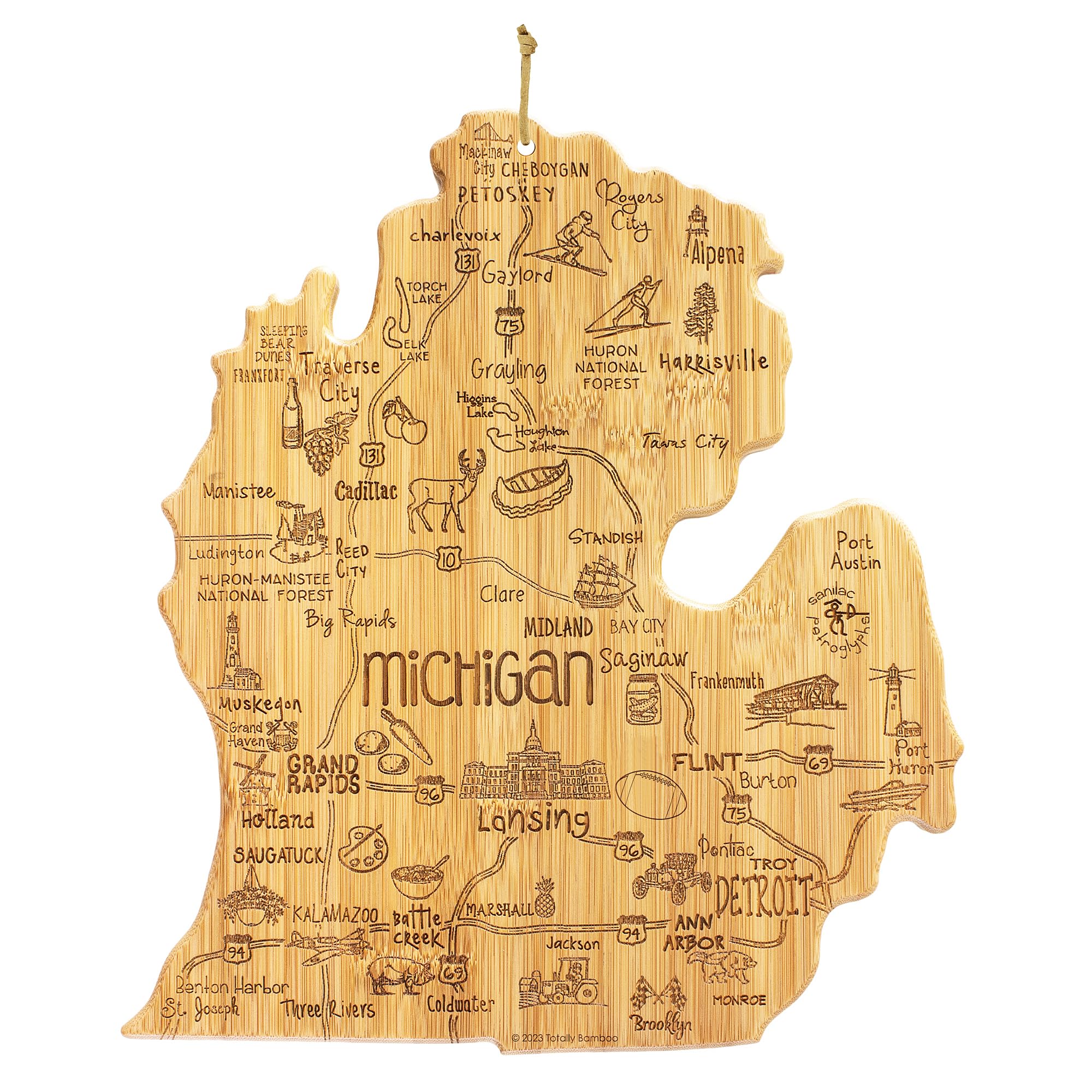 Totally Bamboo front view of Michigan mitten board showcasing engraved map and warm bamboo