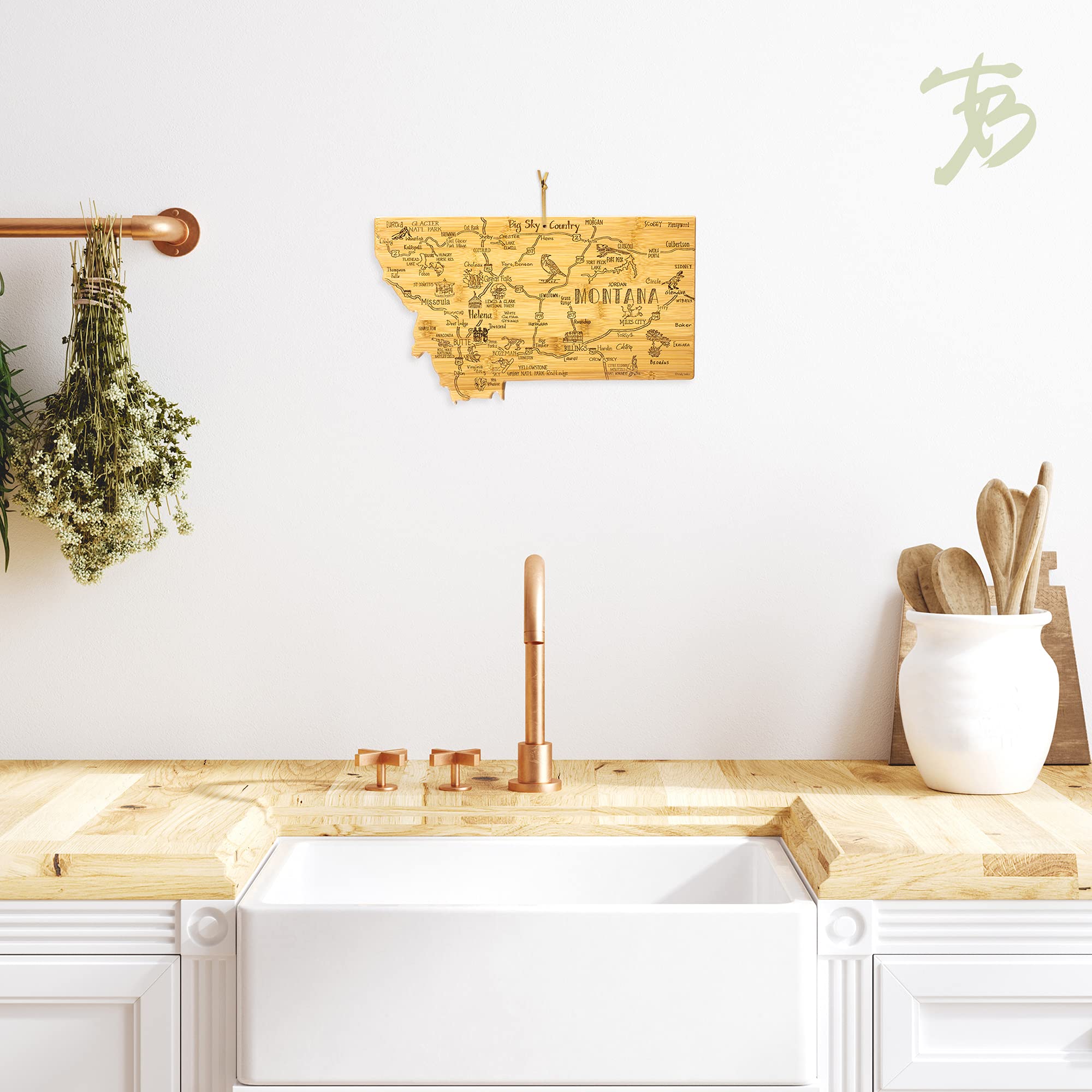Totally Bamboo hung on wall with tie, shows decorative Montana map display benefit