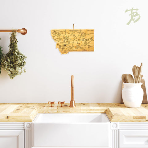 Totally Bamboo hung on wall with tie, shows decorative Montana map display benefit